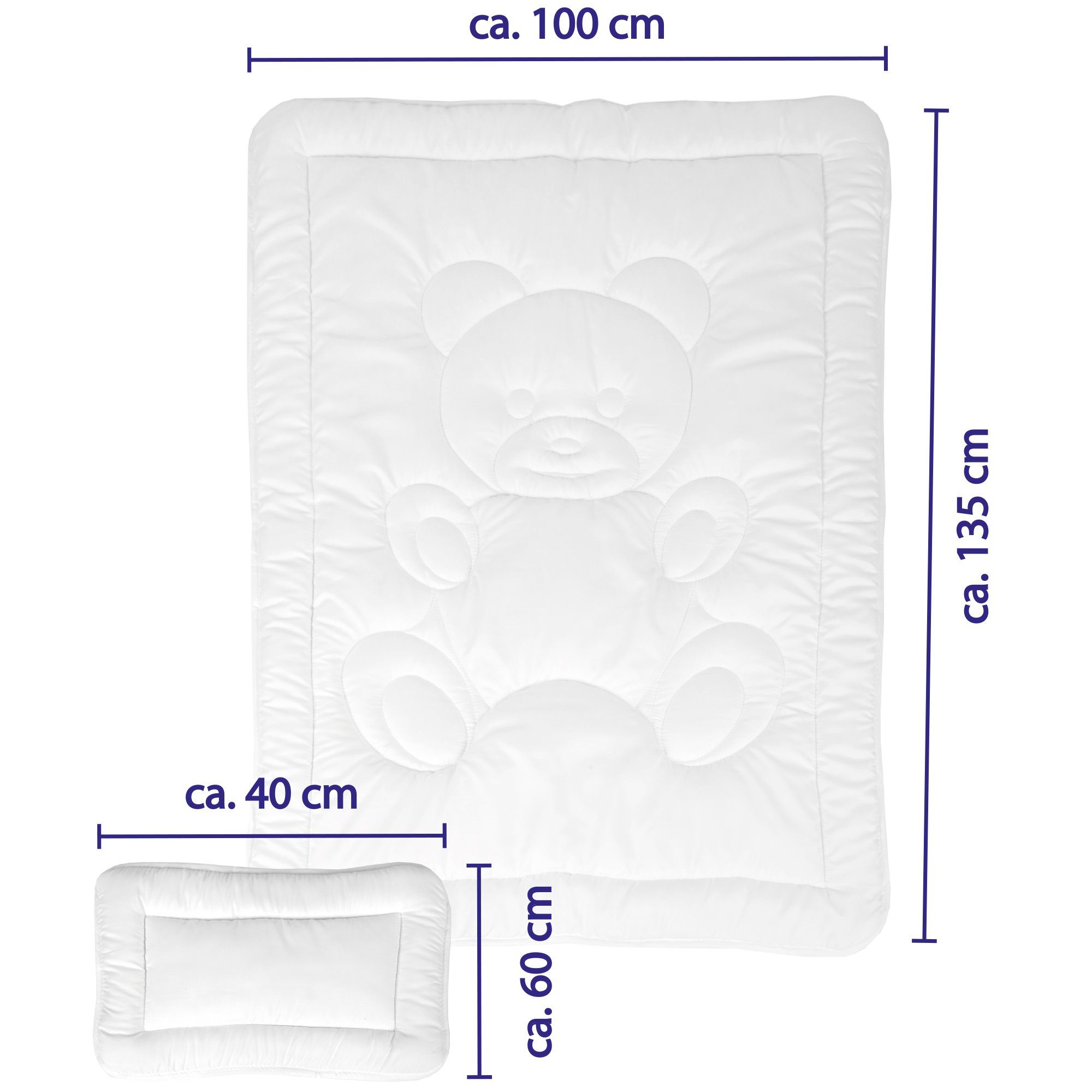 Kinderbettdecke + Kopfkissen, Kinder Betten-Set inkl. Bettwäsche, Bestgoodies, Füllung: 100% Polyester, Klimafaser, 2-tlg (100x135cm / 40x60cm) Bettdecken Set, Bettbezug aus 100% Baumwolle - Steppbett waschbar bei 95°C