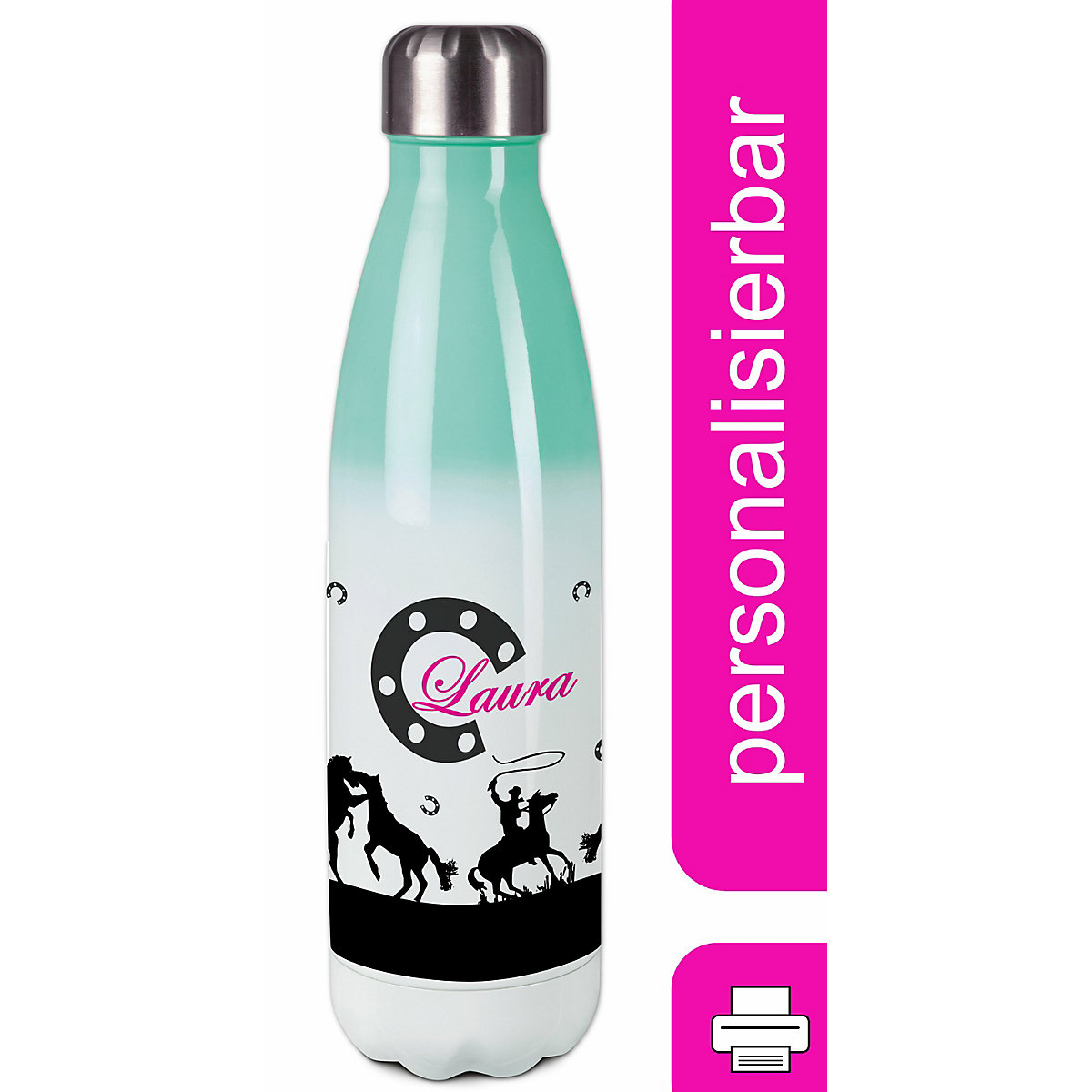 Edelstahl Kinder Thermoflasche / Trinkflasche bunt Pferd-Cowboy schwarz Spülmaschinenfest, Auslaufsicher, Bruchfest, Doppelwandig, Für Heißgetränke geeignet, Mit Deckel, Isoliert