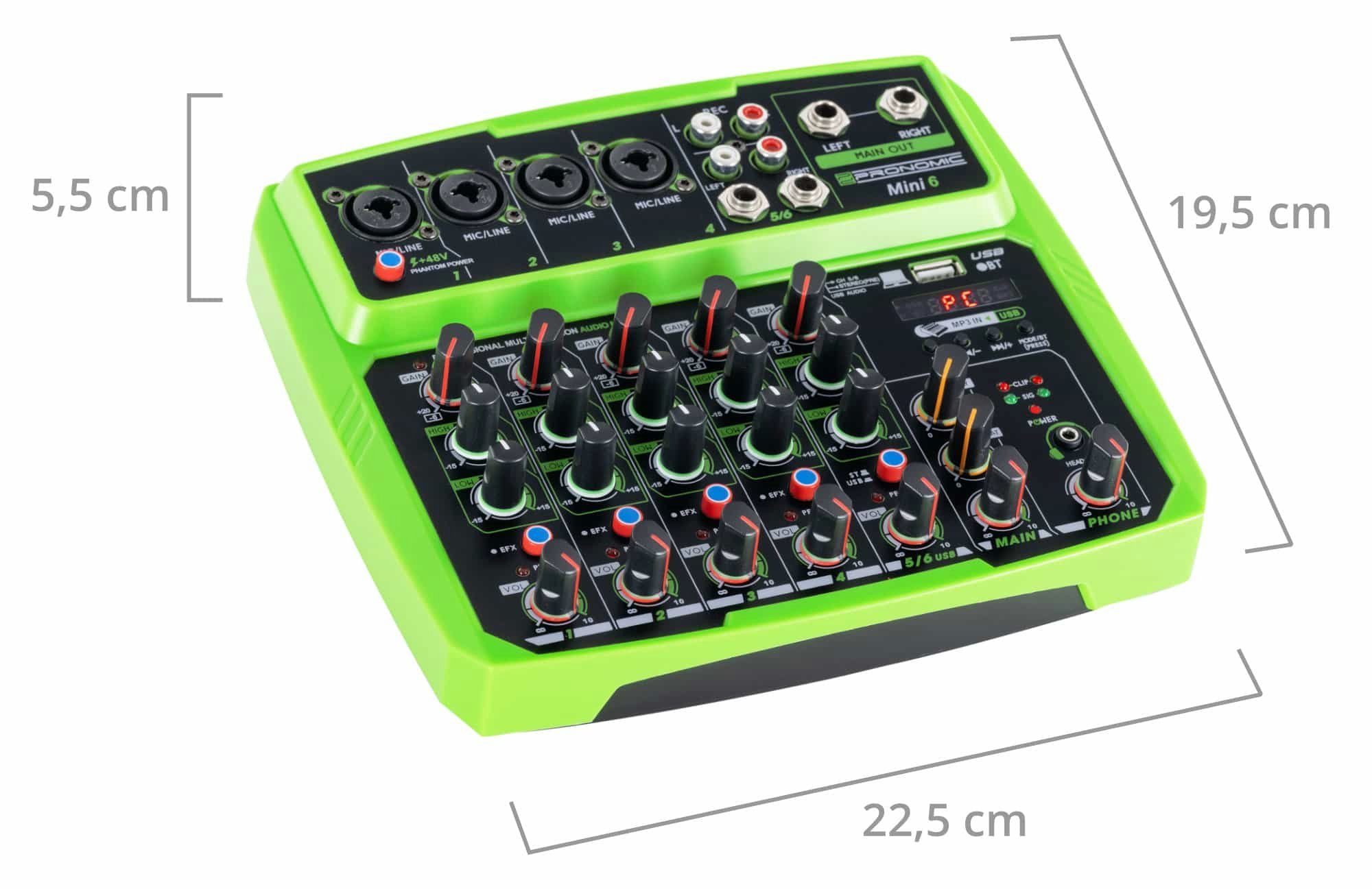 Pronomic Mischpult Mini6 USB-betriebener 6-Kanal Mixer, (2-tlg), mit Medienplayer/-recorder mit Bluetooth und USB - Audio-Interface