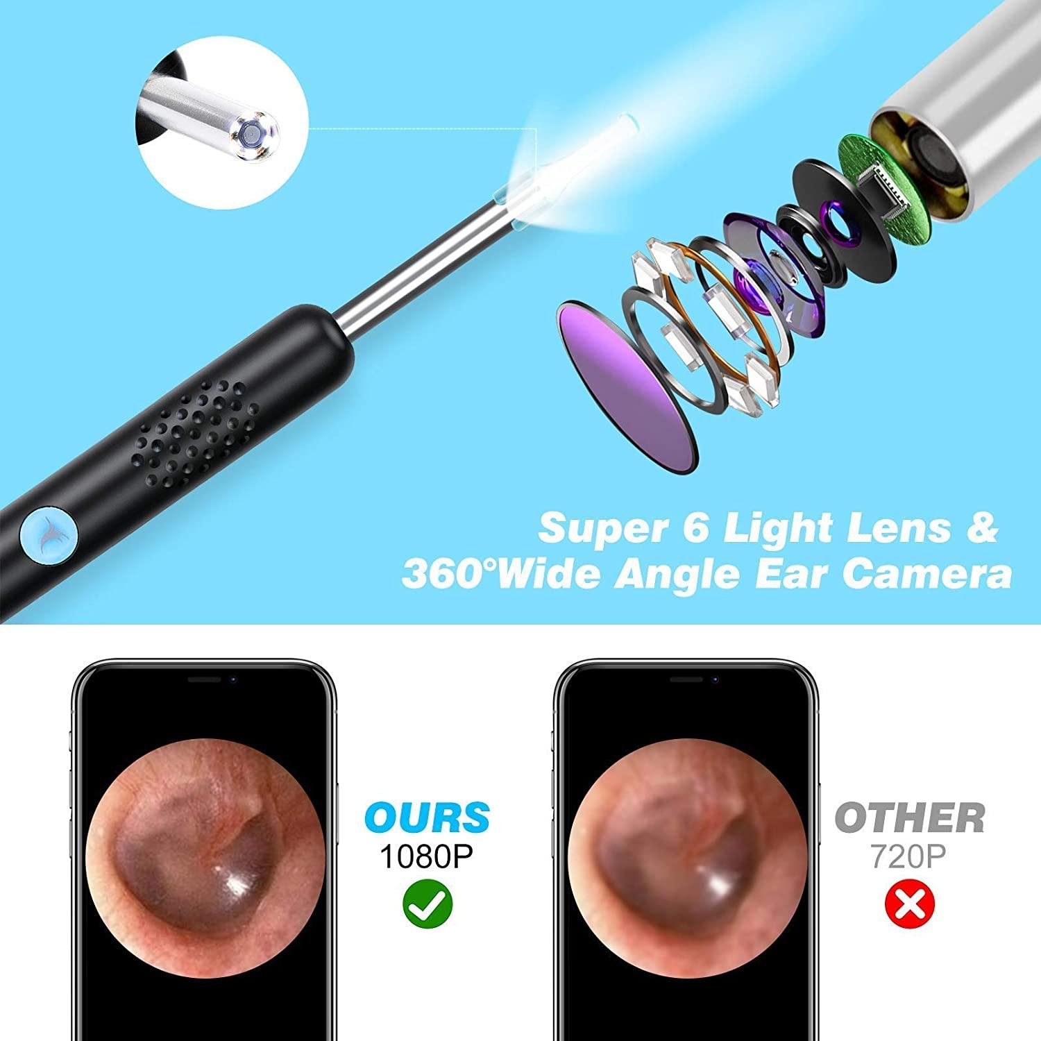 IVSO Ohrenreiniger Otoskope Ohrreiniger, Ohrenschmalz Entferner,1080P Endoskop Ohren, mit 6 LED Licht, 1080P klares Bild, Weiches Silikonmaterial für iPhone, iPad & Android Smartphones