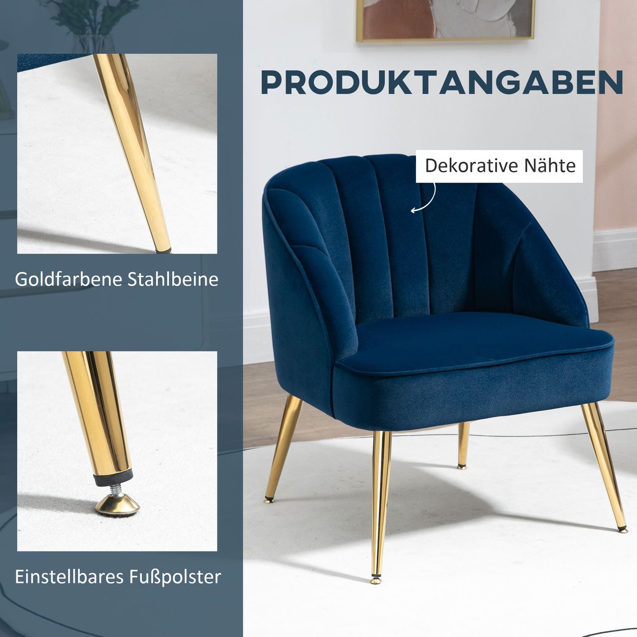 HOMCOM Ohrensessel Loungesessel Polstersessel mit Samtoptik Relaxsessel Blau