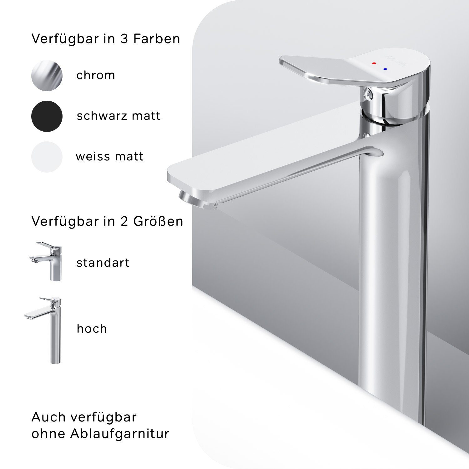 AM.PM Waschtischarmatur Waschbeckenarmatur X joy Waschbecken Wasserhahn Bad (mit hohem Auslauf, inkl. Klick-Ablaufgarnitur) Waschtisch Mischbatterie Badezimmer Badarmatur