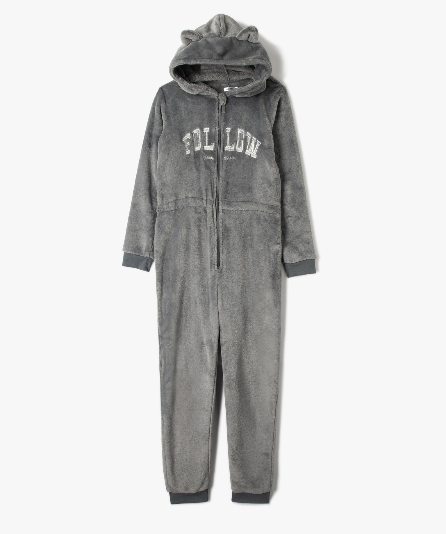 Combinaison pyjama fille à capuche en maille peluche gris | GEMO