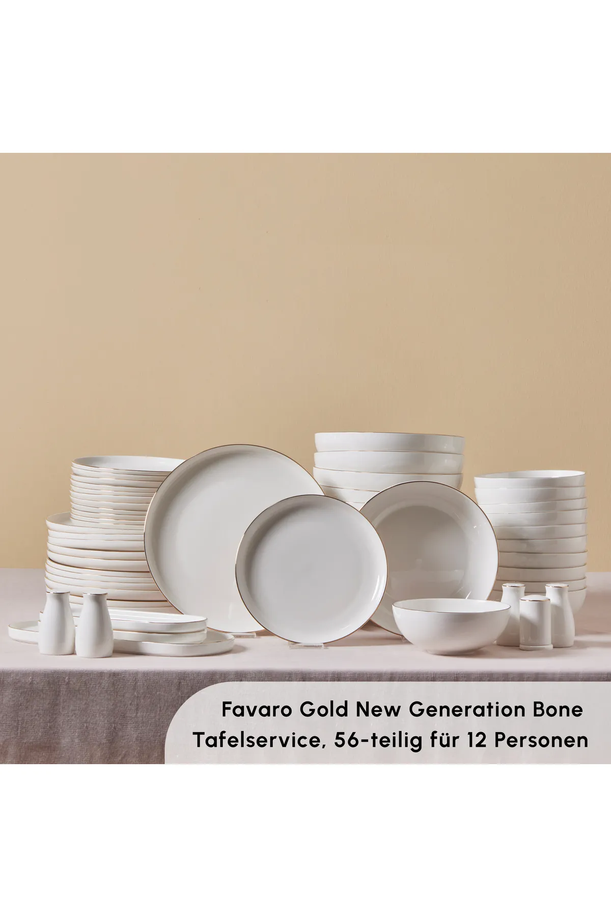 Karaca  Streamline Favaro Gold 56-teiliges Geschirrset – Elegantes Gold-Akzent New Generation Bone