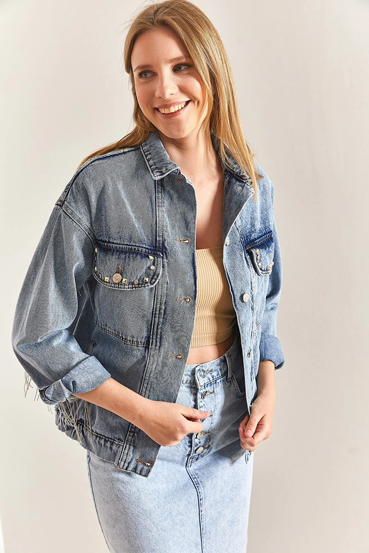 Bianco Lucci  Damen-Jeansjacke mit bestickter Steinstickerei