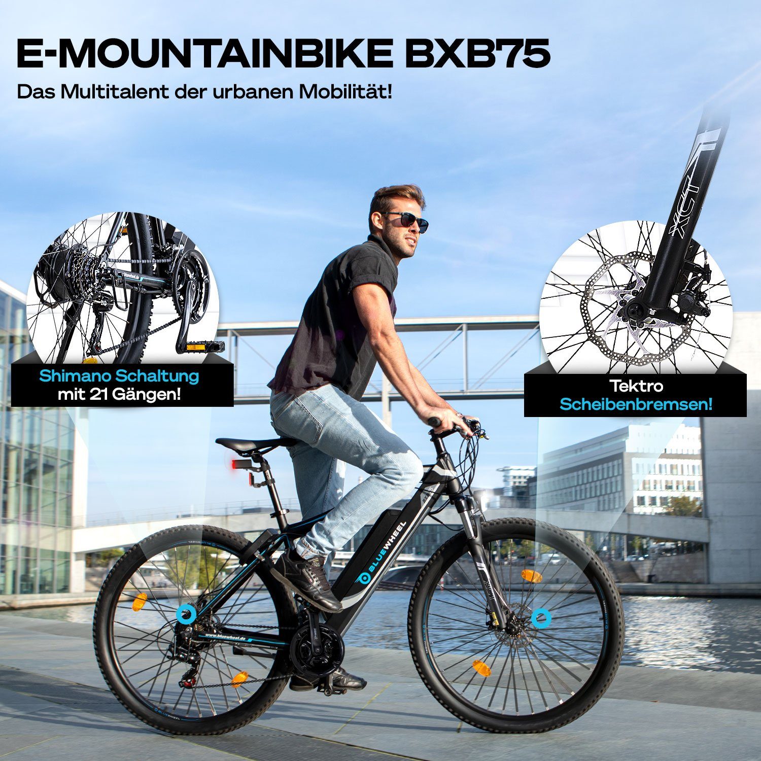 Bluewheel Electromobility E-Bike BXB75, 21 Gang SHIMANO, Kettenschaltung, Heckmotor, Deutsche Qualitätsmarke, EU-konform E-Mountainbike