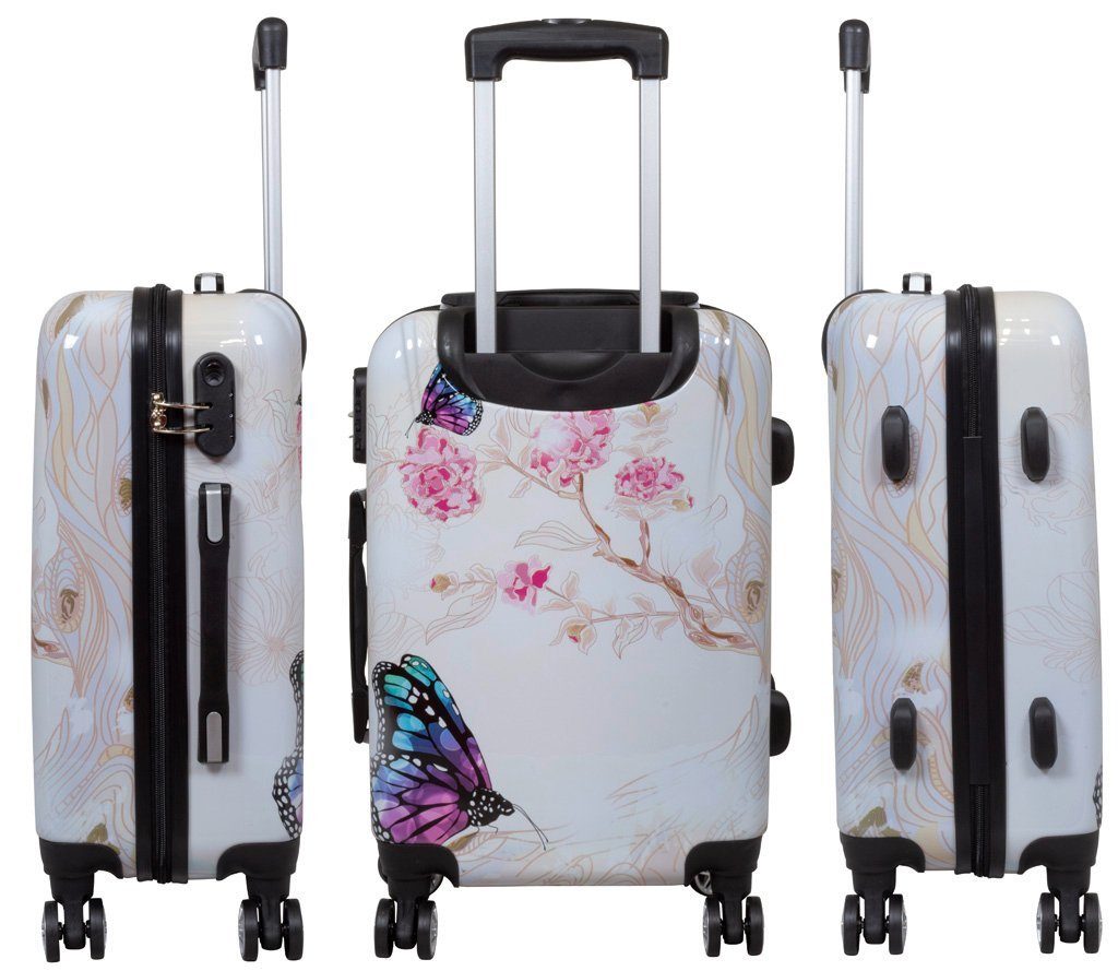 Trendyshop365 Hartschalen-Trolley Butterfly beige, bunter Reisekoffer mit Motiv, 3 Größen, 4 Rollen, Zahlenschloss, Dehnfalte, Schmetterling