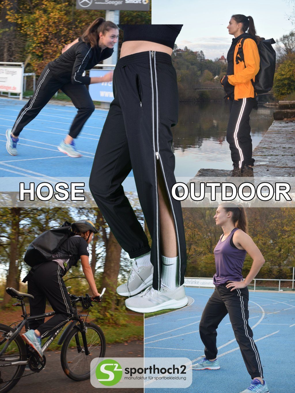 sporthoch2 Funktionshose Sporthose HOSE TRAINING_Outdoor für Frauen 2-Wege-Reißverschlusssystem am Bein, reflektierende Streifen am gesamten Bein