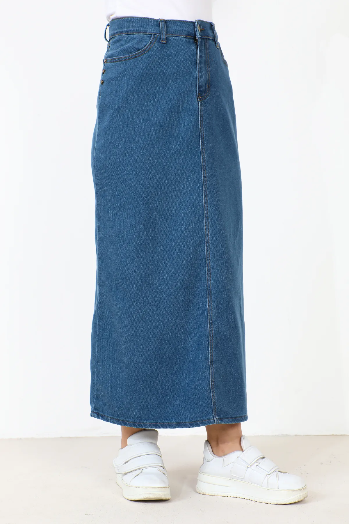 Tesettür Dünyası  Sternendetaillierter Jeansrock TSD231010 Blau