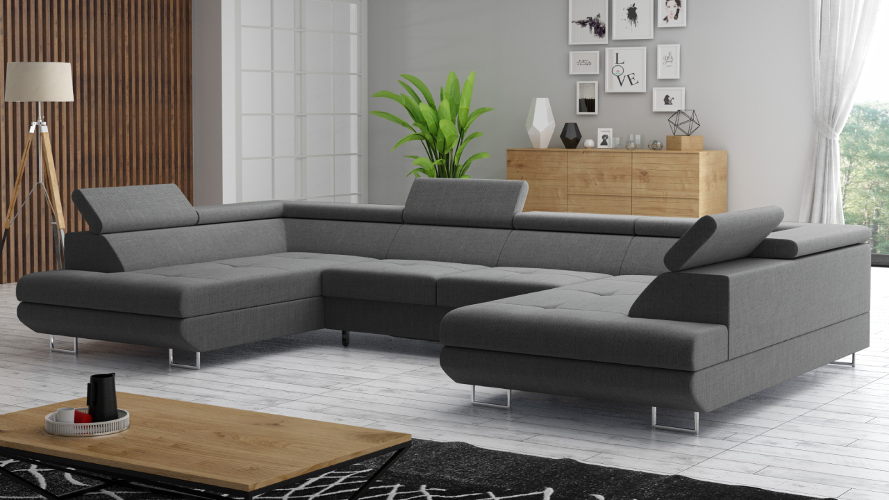 Möbel Punkt Wohnlandschaft U–Form Ecksofa Monaco Webstoff Grau mit Bett Bettkasten Kopfteilverstellung Bigsofa