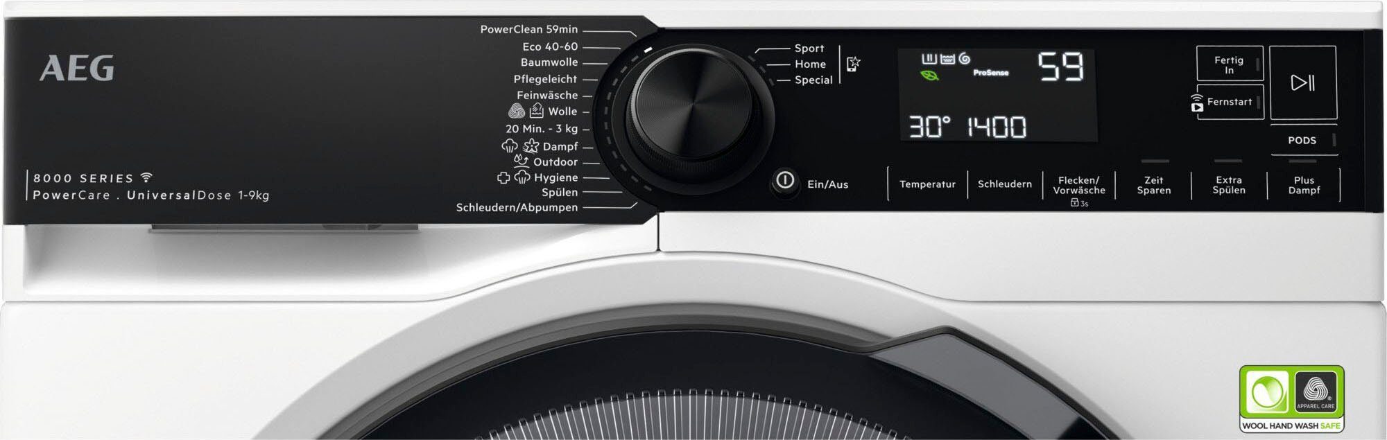 AEG Waschmaschine 8000 PowerCare LR8E75490, 9 kg, 1400 U/min, PowerClean - Fleckenentfernung in 59 Min. bei nur 30 °C & Wifi