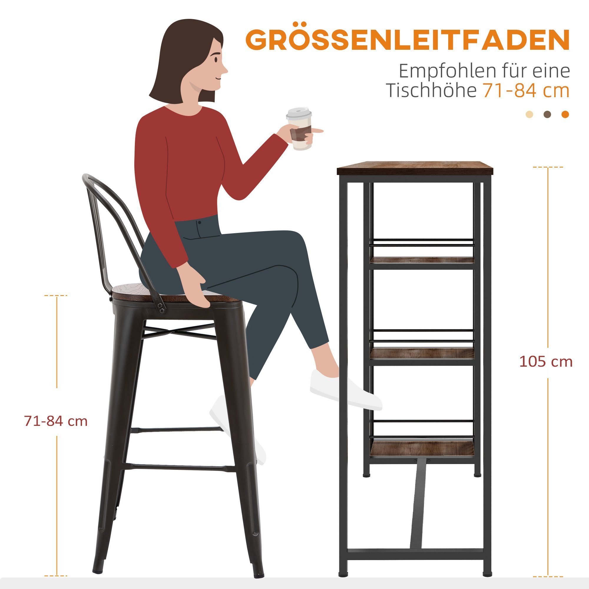HOMCOM Bartisch Küchentisch, Rundtisch, Tisch für 2 Personen, Industriell (Tresentisch, 1-St., Stehtisch), mit 3 Regale