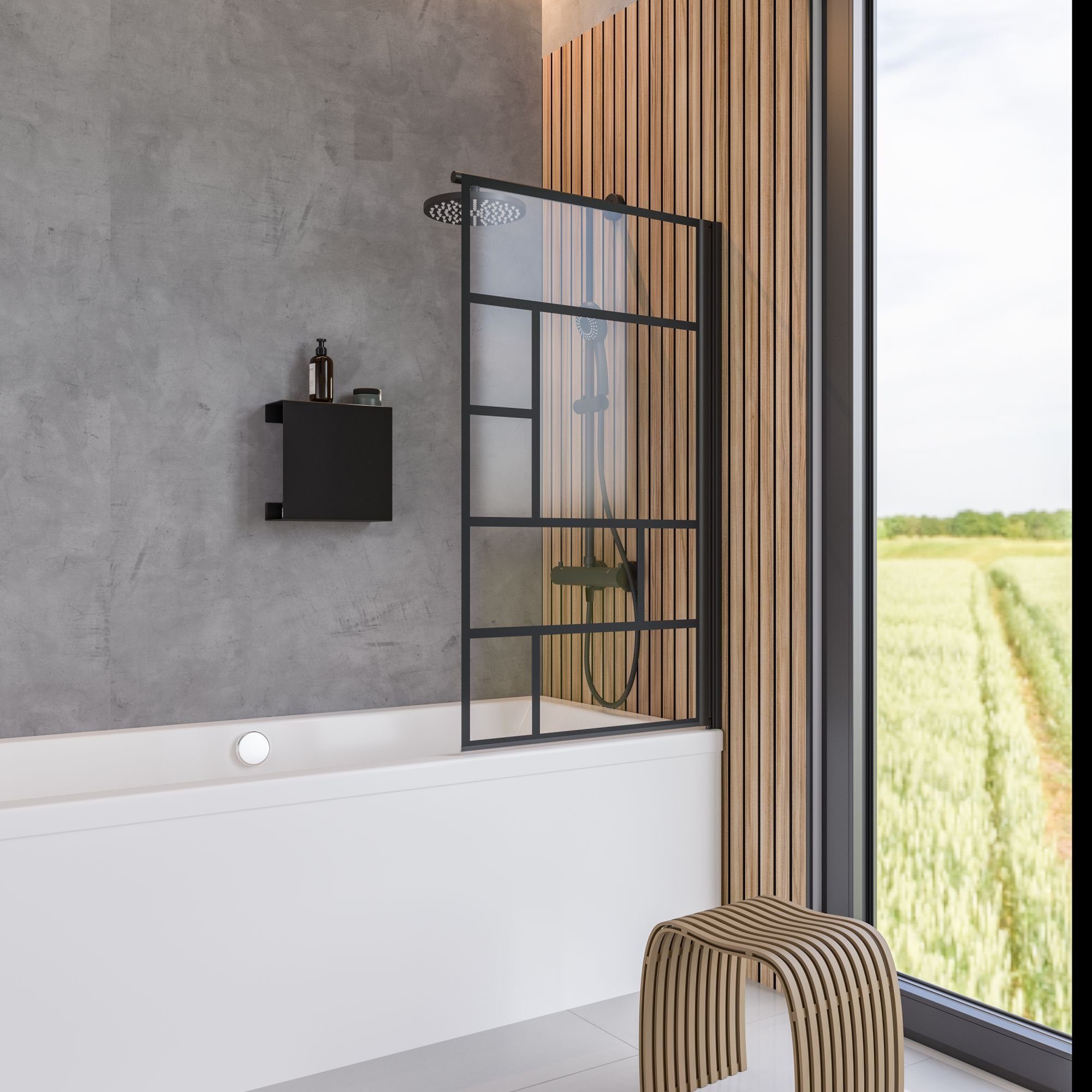 Schulte Badewannenaufsatz Black Style, 5 mm Sicherheitsglas, (1 tlg), BxH: 80 x 140 cm, Dekor Atelier 1, pendelbar