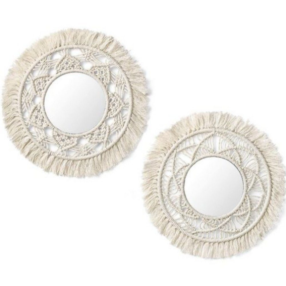 Wandteppich Wandspiegel mit Makramee-Rand 2er-Set dekorative Boho-antike Spiegel, EBUY