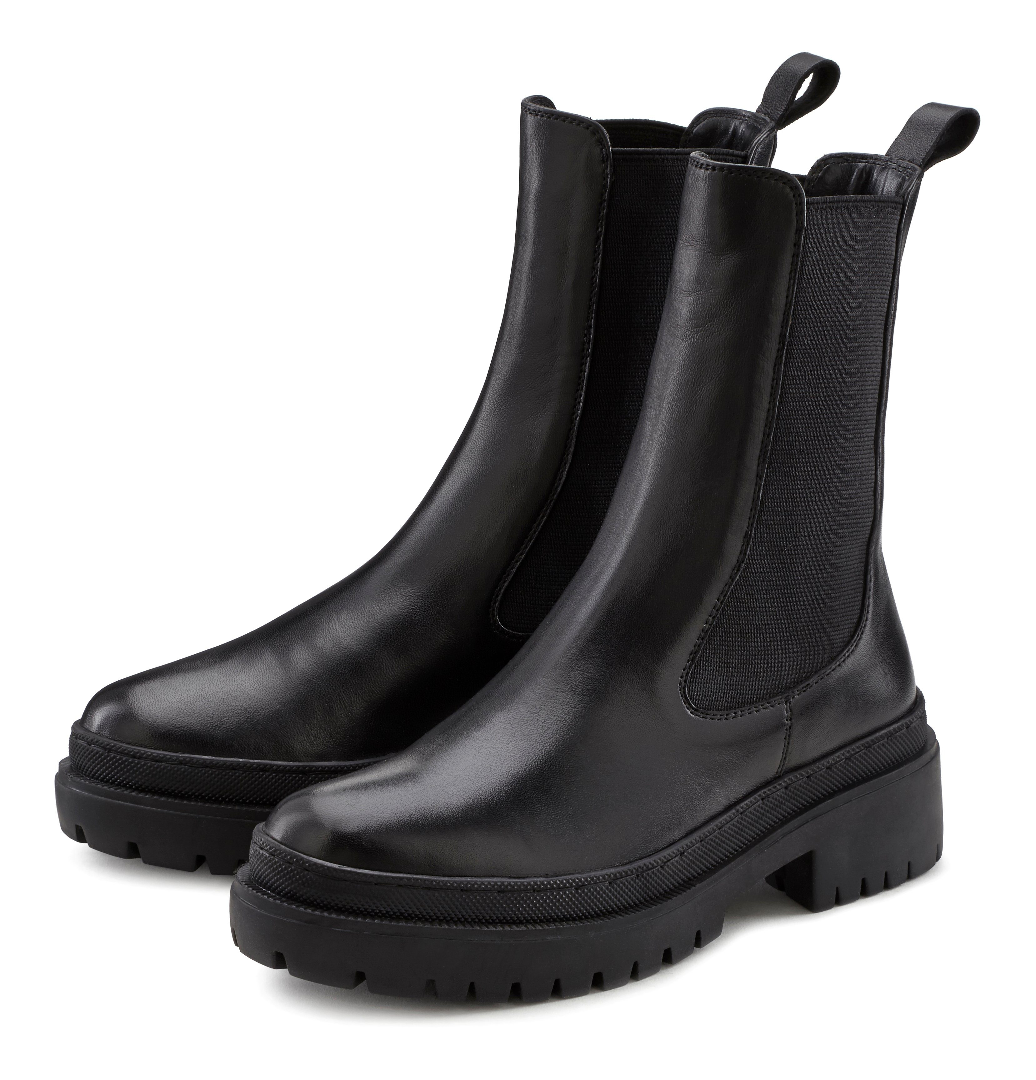 LASCANA Slip-On-Stiefelette, Chelseaboots, Schlupfstiefel, Biker Boots, Stiefelette aus Leder mit Chunky Sohle