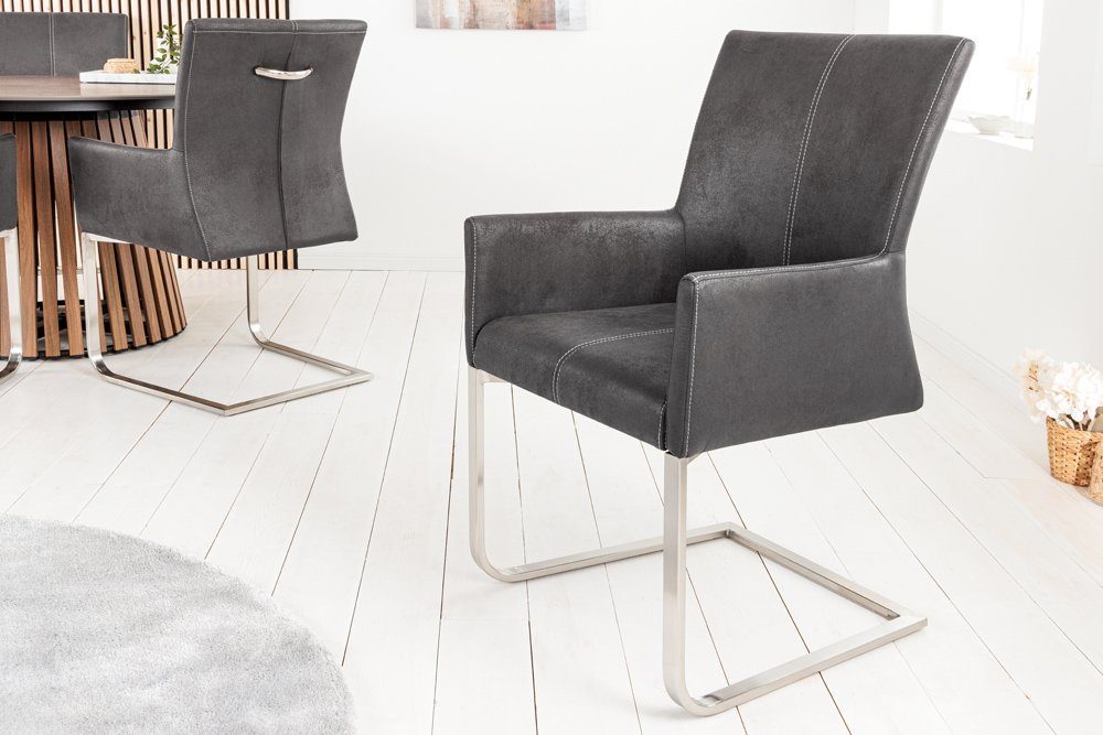riess-ambiente Freischwinger SAMSON vintage grau / silber (Einzelartikel, 1 St), Esszimmer · Microfaser · Edelstahl · mit Armlehne · Industrial Design