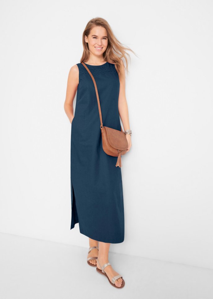 Maxi-Kleid mit Leinen, Lochmuster am Ausschnitt und Seitenschlitz