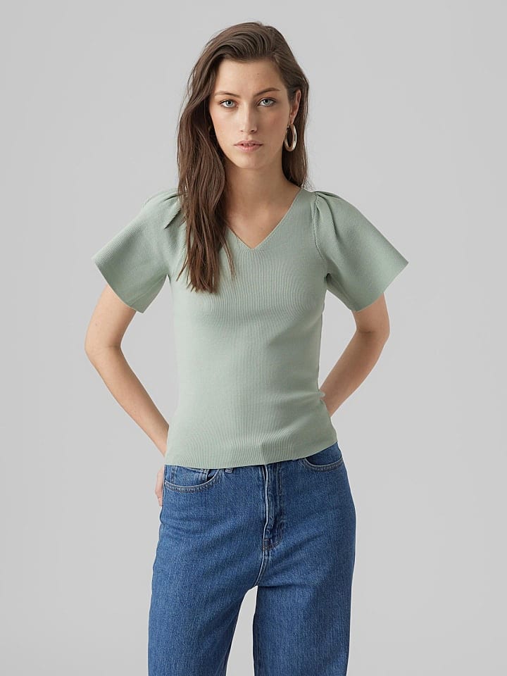 Vero Moda Geripptes Rüschen T-Shirt Kurzarm Strick Shirt VMGINNY in Mint günstig kaufen XS