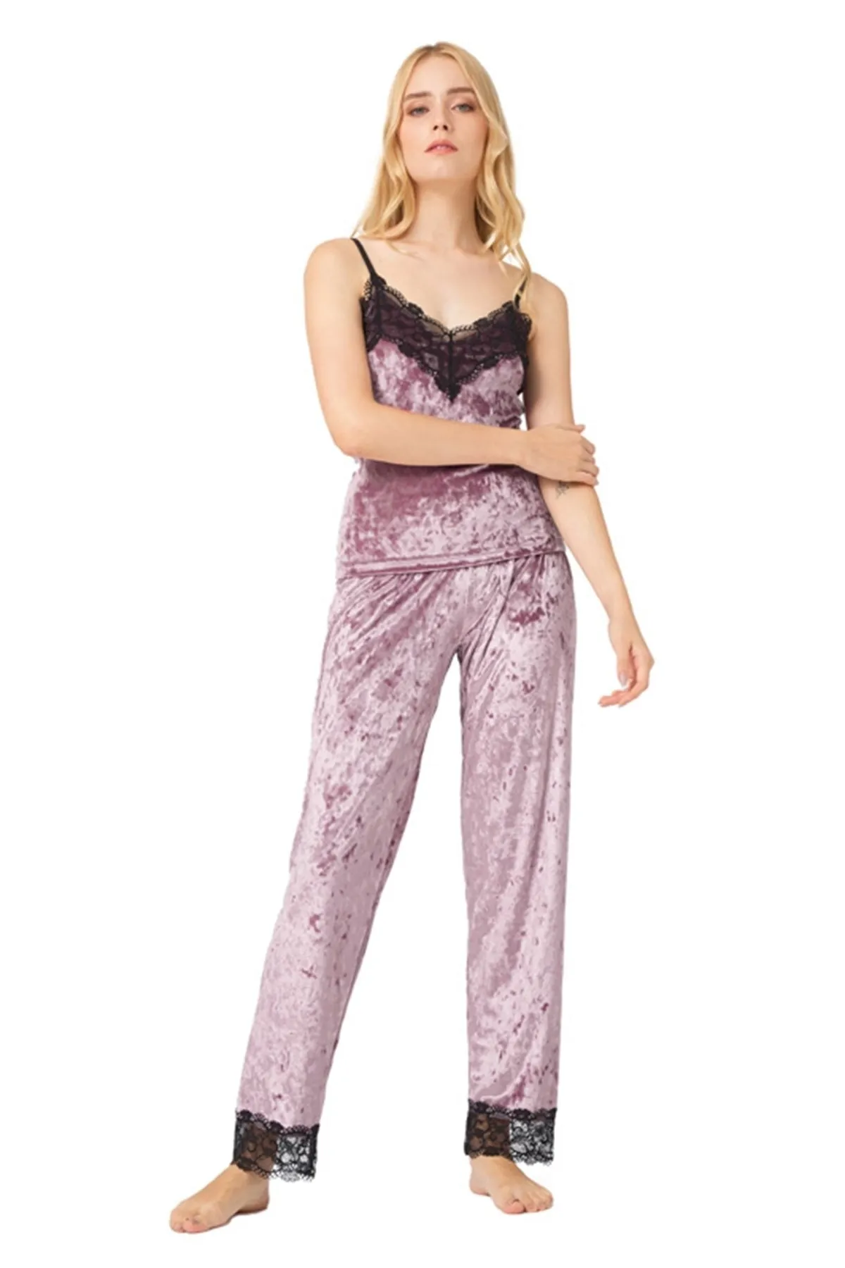 Cottonhill  Damen-Pyjama-Set aus Samt mit Puderspitze und detailliertem Detail