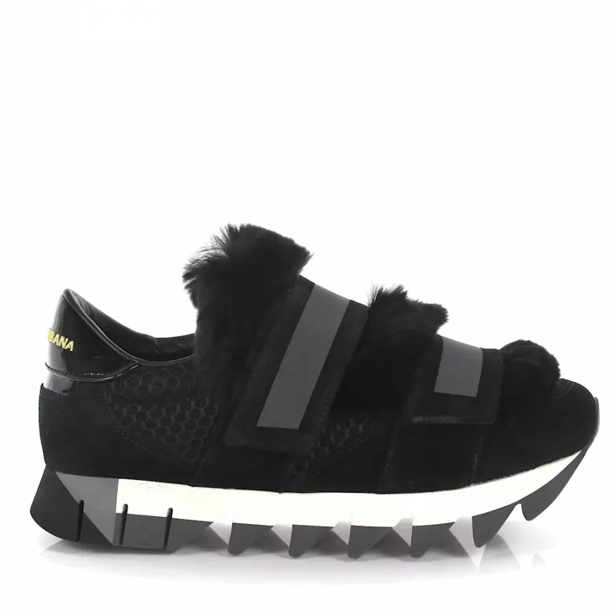 Dolce & Gabbana - Sneaker Leder Pelz Details schwarz - schwarz