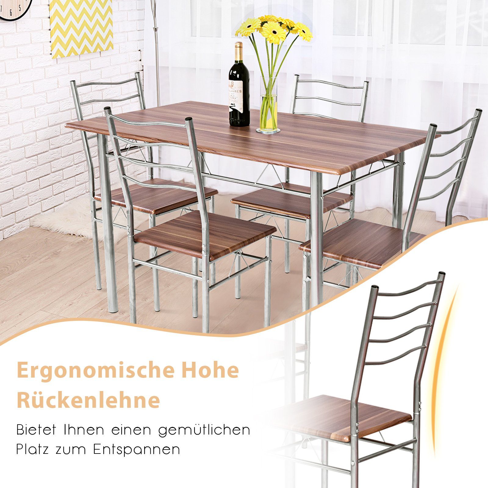 COSTWAY Esstisch (5-St), Küchentisch mit 4 Stühlen, mit hoher Rückenlehne