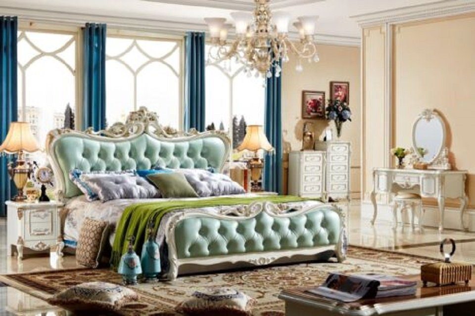 JVmoebel Bett Design Bett Schlafzimmer Blau Chesterfield Betten (Nur Bett), Holzschnitzerei, Mit Chesterfield-Knöpfen