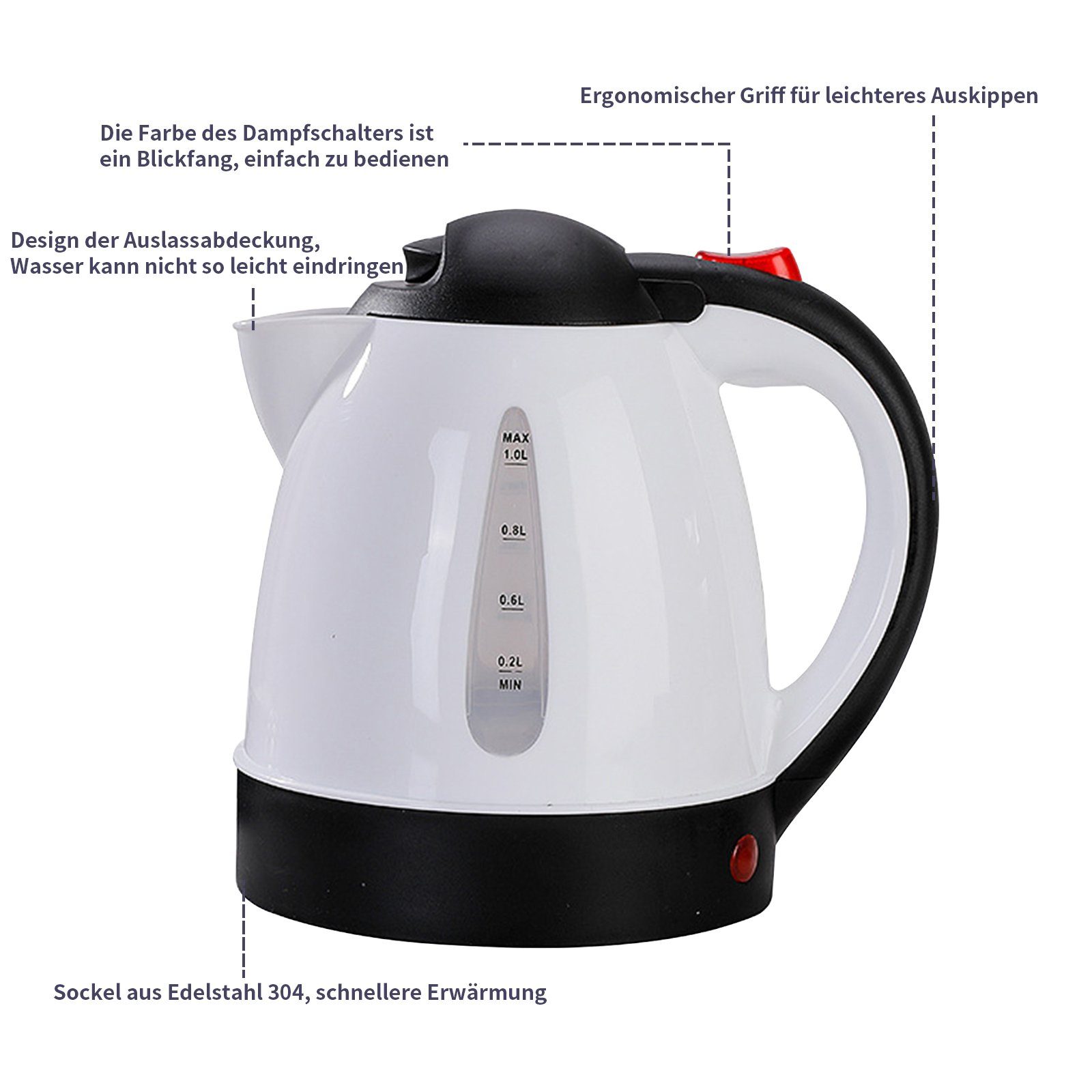 TWSOUL Wasserkessel 12V 150W Weißes Auto Tragbares Auto Ausschalten Wasserkocher1 Liter, Rostfreier Stahl, Auto-Wasserkocher