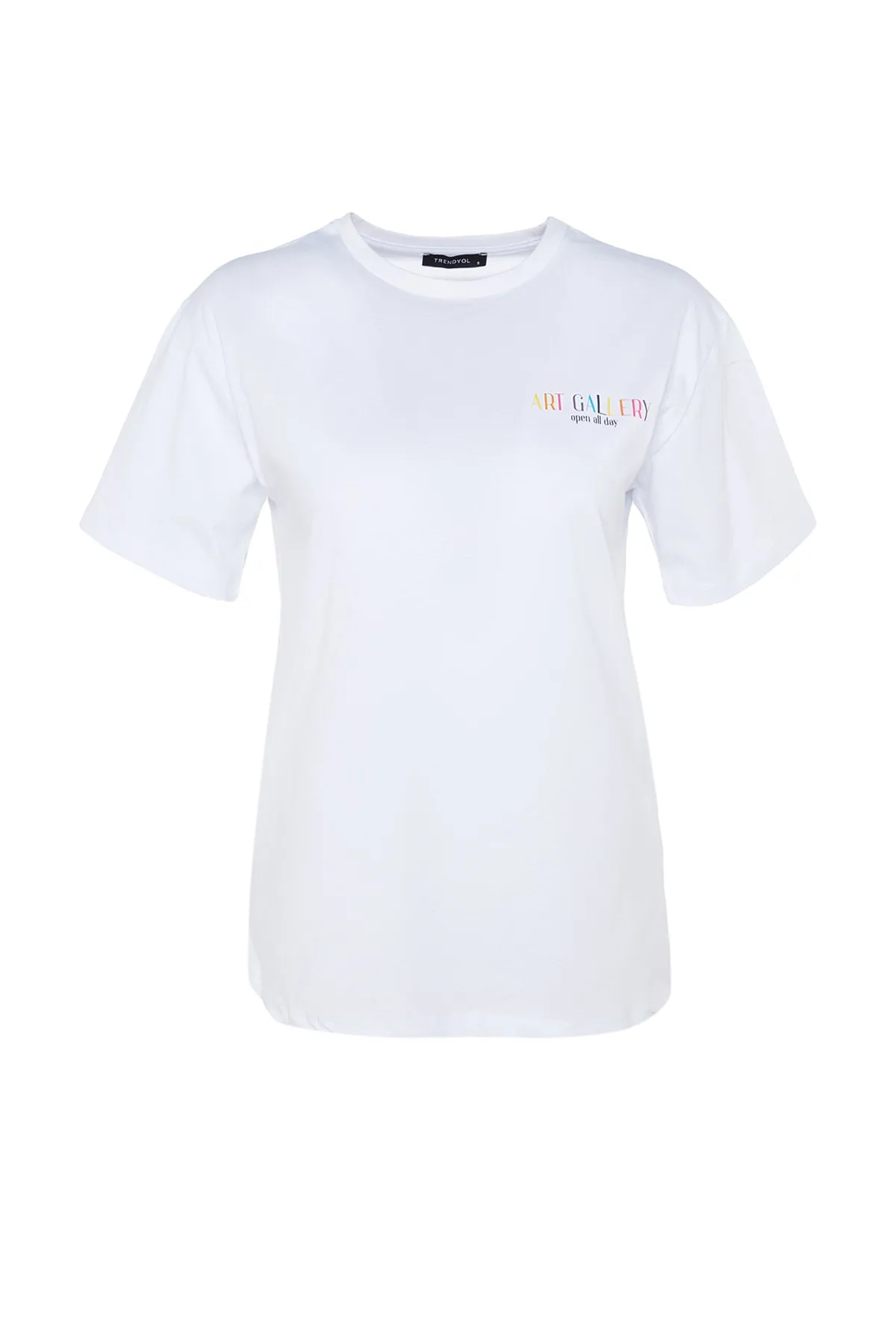 Trendyol Collection  Weißes, vorn und hinten bedrucktes Boyfriend-Strick-T-Shirt mit Rundhalsausschnitt aus 100 % Baumwolle TWOSS23TS00057