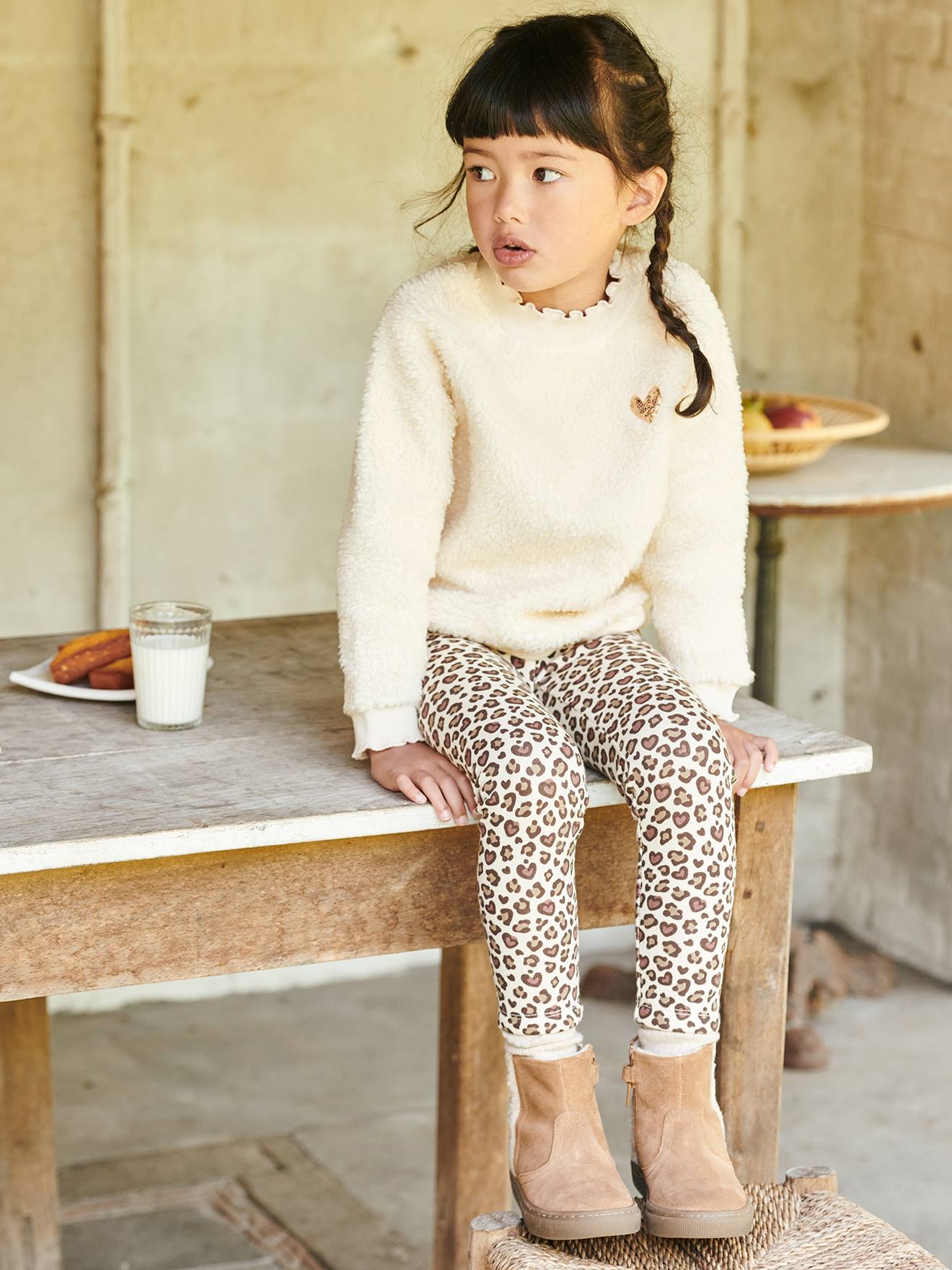 Legging fille doublé maille polaire marron imprimé