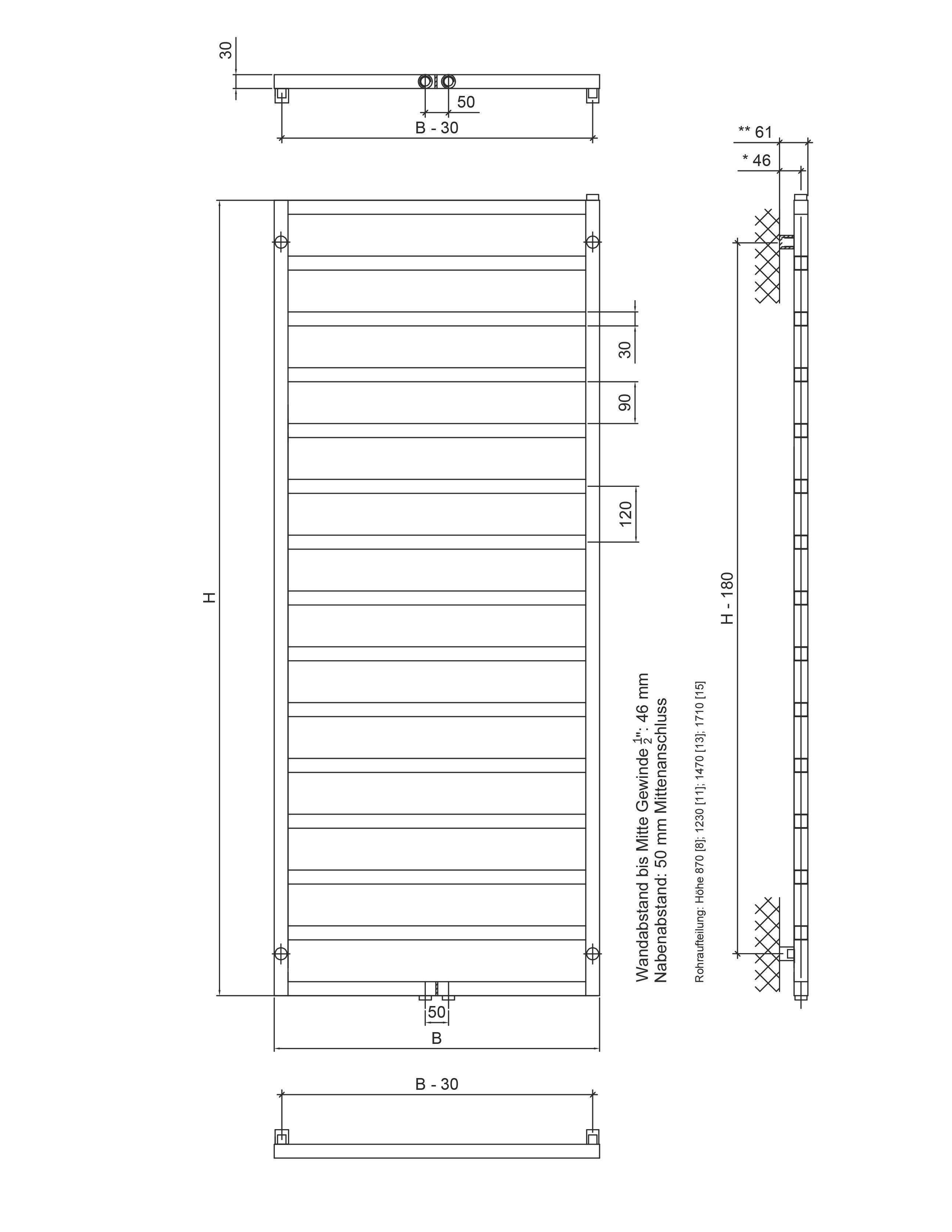 Ximax Badheizkörper Pure 1710 mm x 600 mm, 625 Watt, Mittenanschluss, weiß