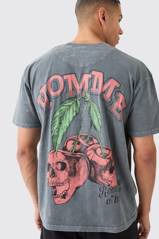 Oversize T-Shirt mit Acid-Waschung und Kirsch-Print