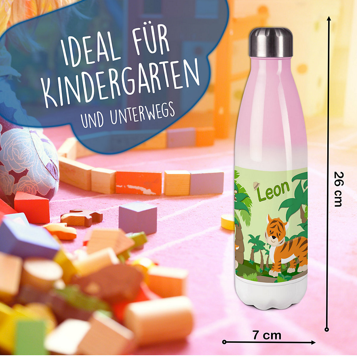 Edelstahl Kinder Thermoflasche / Trinkflasche bunt Dschungel Spülmaschinenfest, Auslaufsicher, Bruchfest, Doppelwandig, Für Heißgetränke geeignet, Mit Deckel, Isoliert
