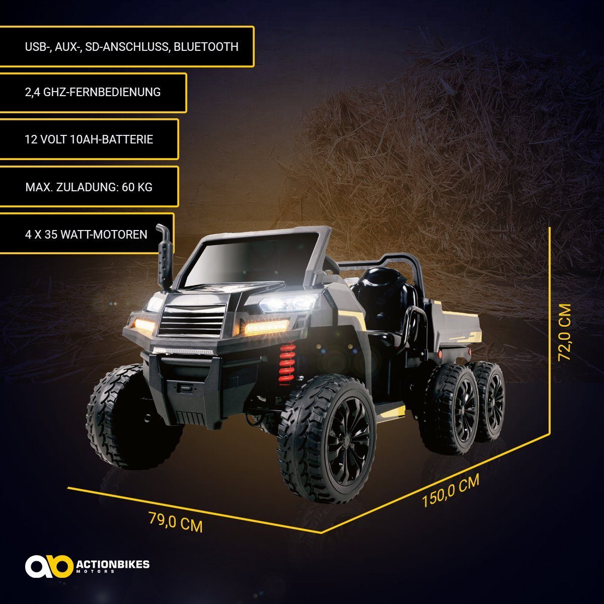 Actionbikes Motors Elektro-Kinderauto Elektroauto A730 UTV, Belastbarkeit 60 kg, (2-tlg), mit Fernbedienung - USB - AUX - Soft Start - Bremsautomatik