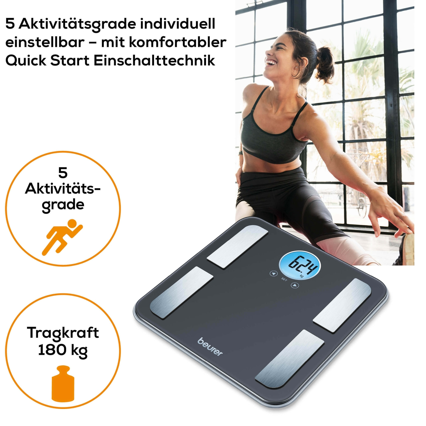 Beurer Diagnosewaage - BF 195-Körperfettwaage mit Ganzkörperanalyse & runder LCD-Anzeige bis 180 kg