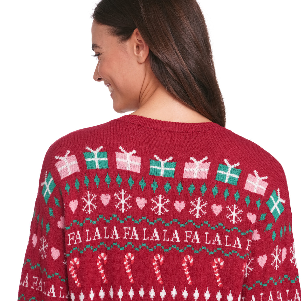 Damen Weihnachtspullover mit Allover-Motiv dunkelrot / grün / weiss