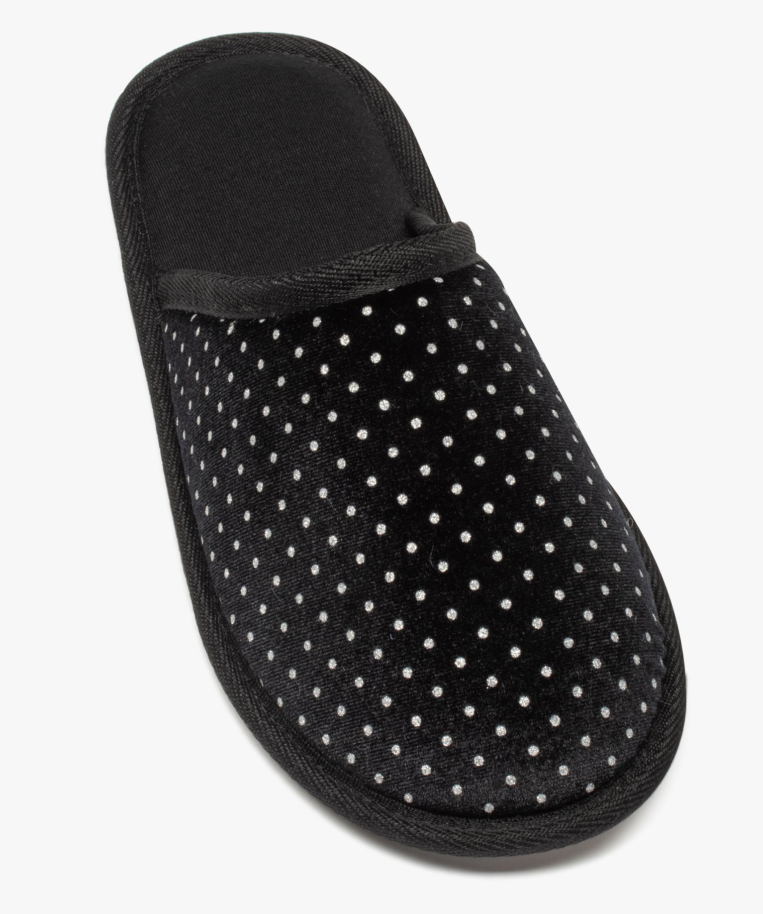 Chaussons femme mules plates en velours à pois brillants noir | GEMO