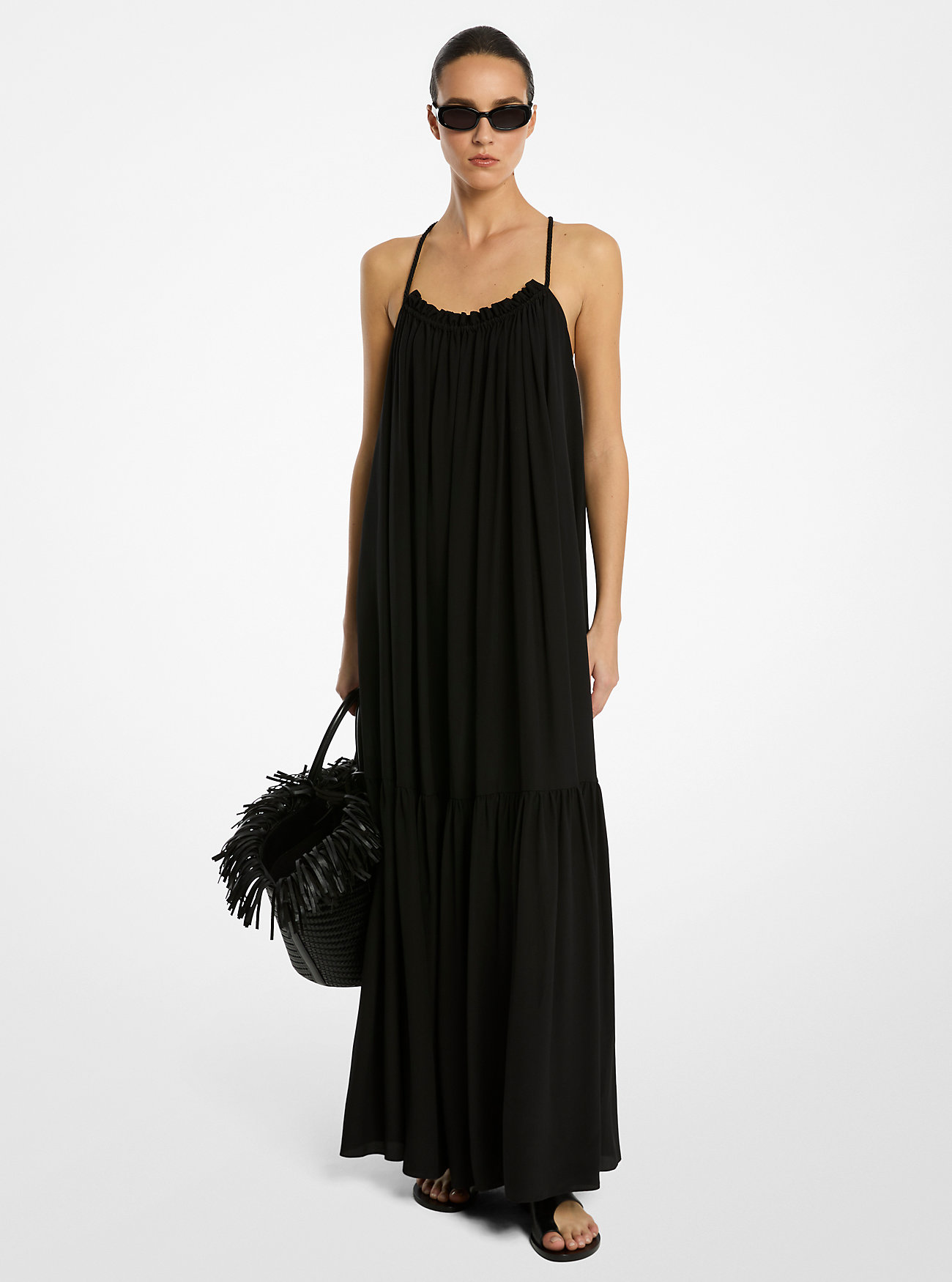 Silk Crepe De Chine Draped Backless Dress - BLACK