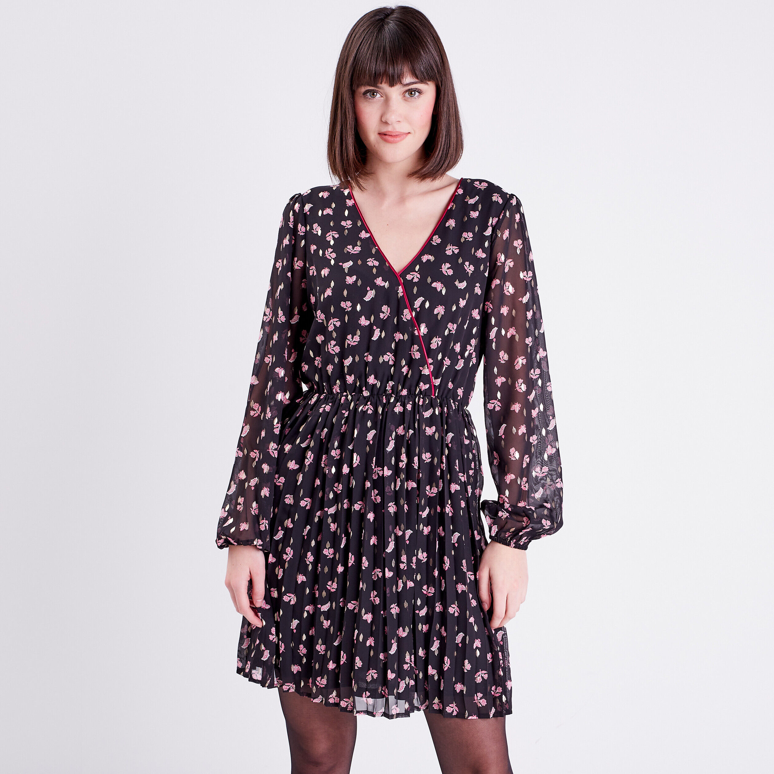 Robe évasée plissée noir femme | Cache Cache
