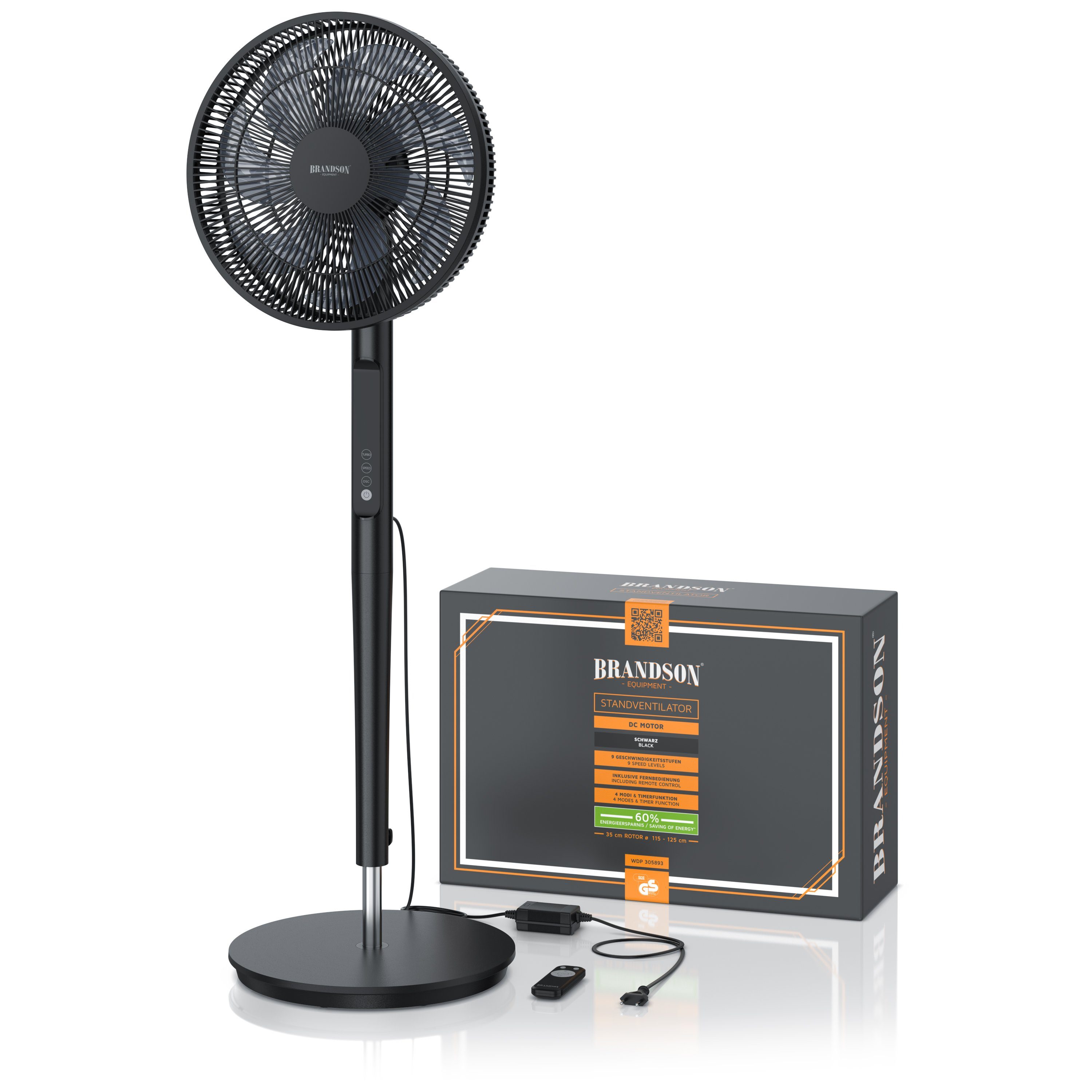 Brandson Standventilator, 40 cm Durchmesser, DC, leise, energiesparend, Oszillation, Timer, 9 Stufen, Fernbedienung