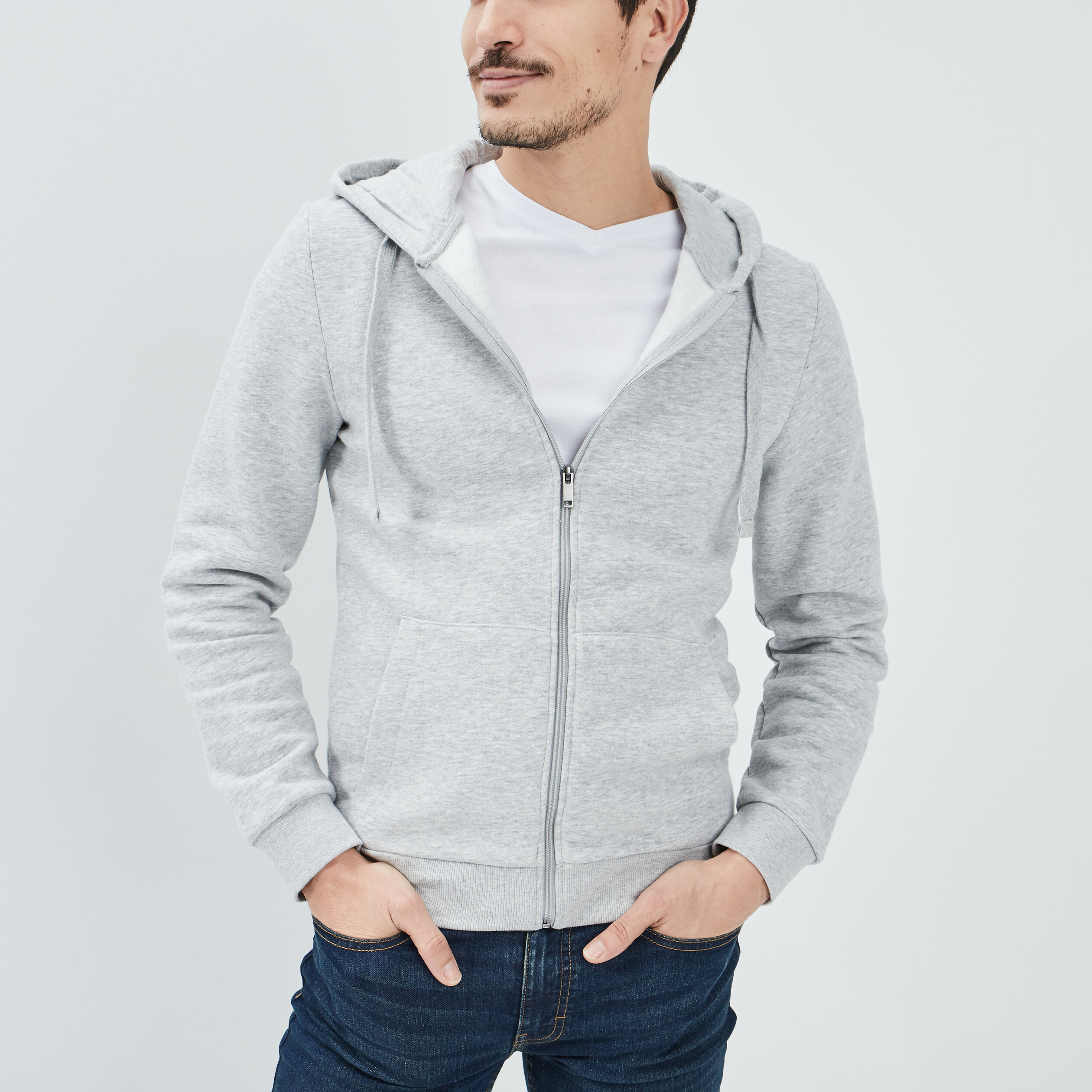Sweat zippé molleton à capuche gris clair homme | La Halle