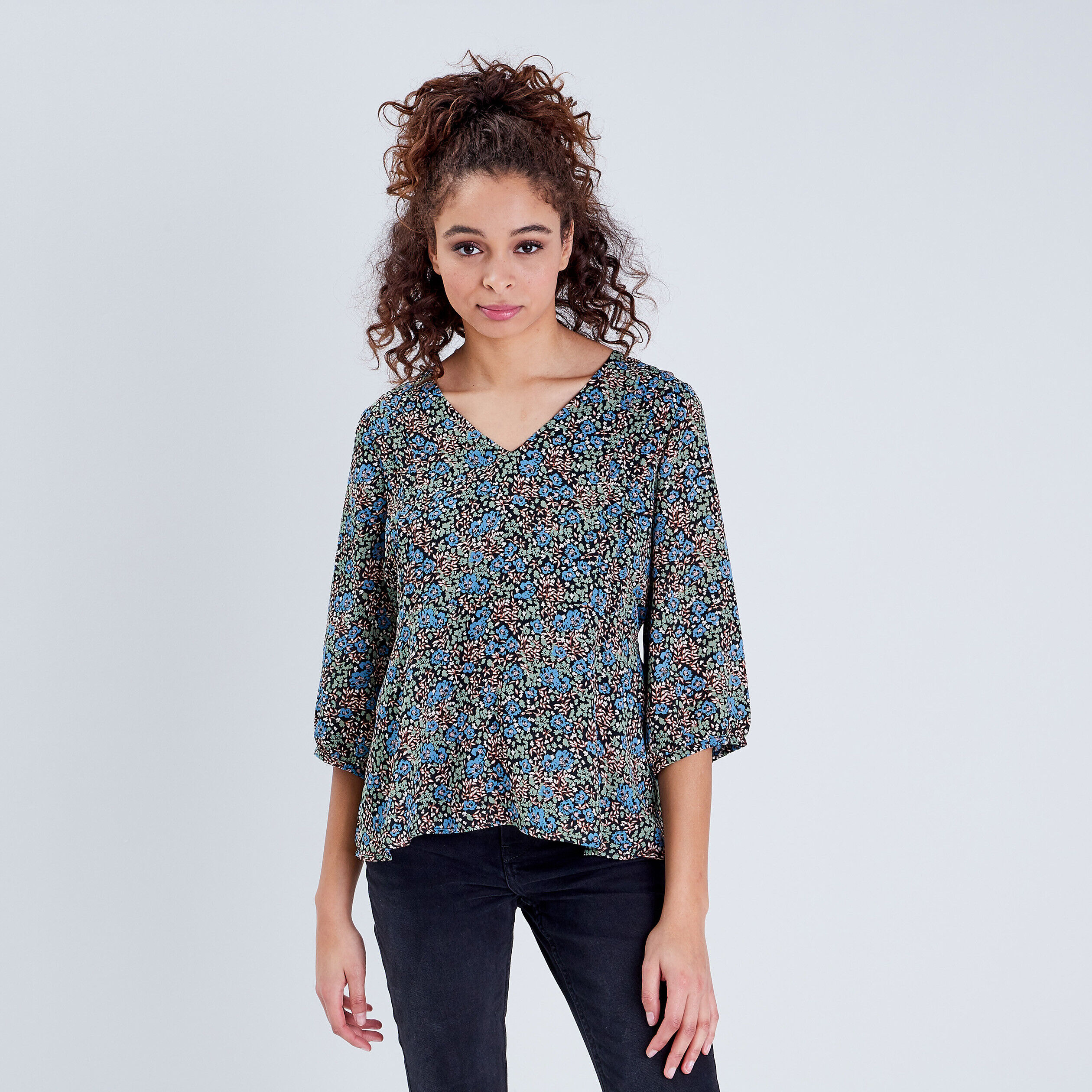 Blouse large col en V denim noir femme | Cache Cache