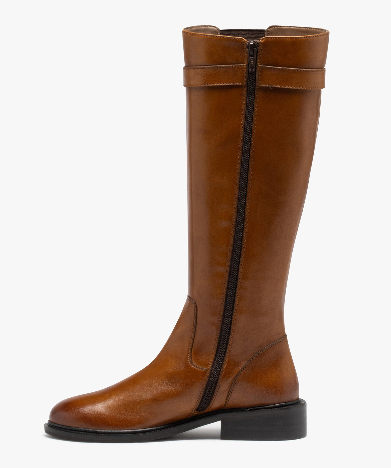 Bottes femme à talon plat en cuir uni et à zip - Taneo camel | GEMO