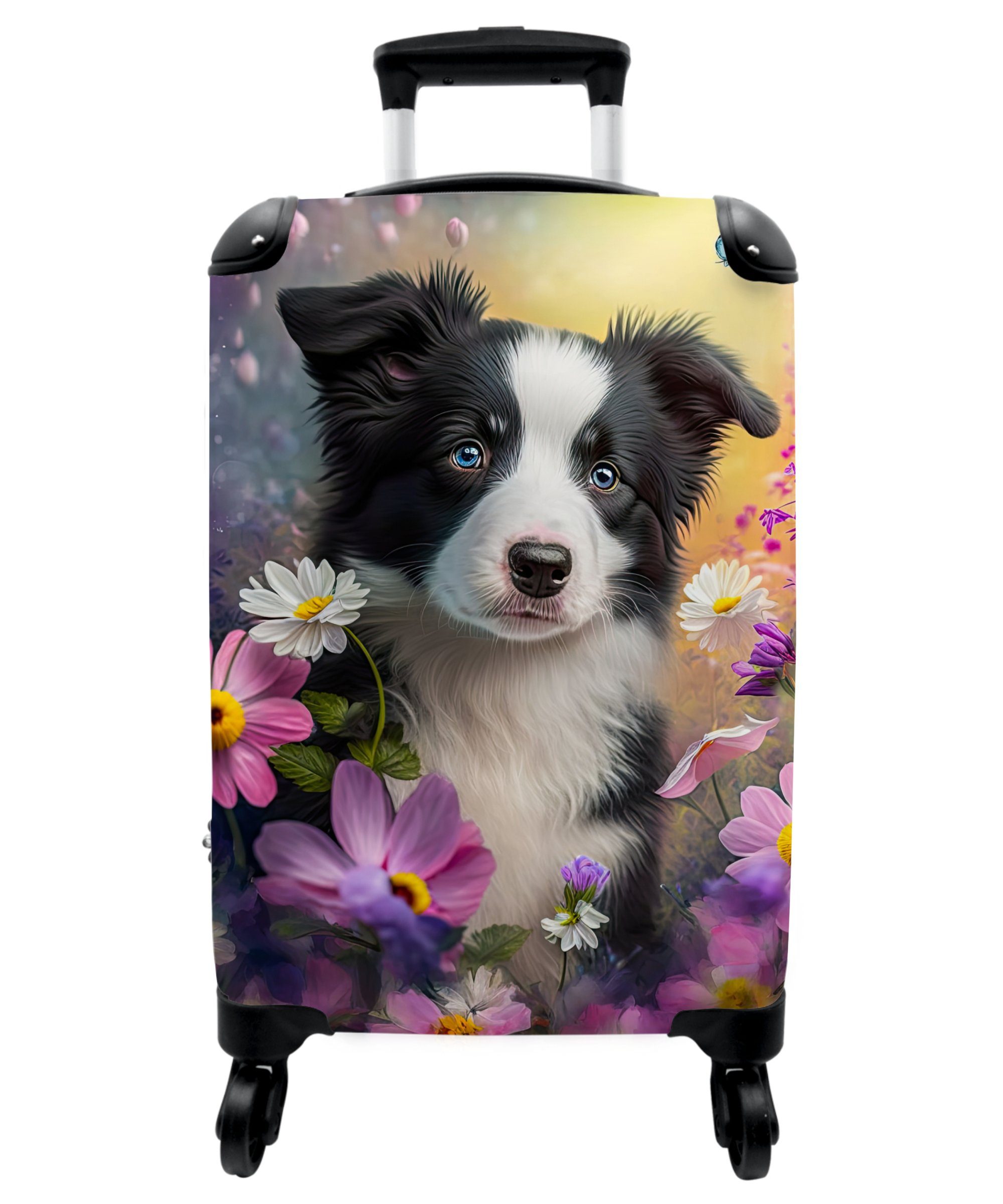 NoBoringSuitcases.com© Handgepäckkoffer 55x35x20cm Hund - Blumen - Natur - Welpe - Border Collie, 4 Rollen, Handgepäck Trolley Rollkoffer Kleine Reisekoffer mit 4 Rollen - Cabin