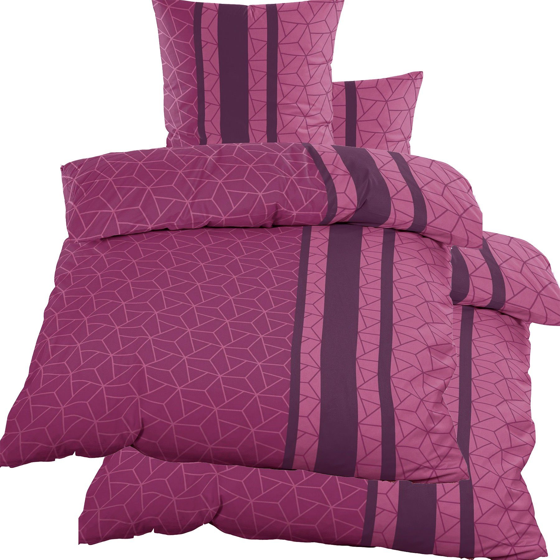 Bettwäsche Biber Winter Bettwäsche 2x(135 x 200 + 80x80 cm), Mosaik/Streifen, KH-Haushaltshandel, Biber, 4 teilig, schwarz beere-rose, flauschig weich, warm, 100% Baumwolle