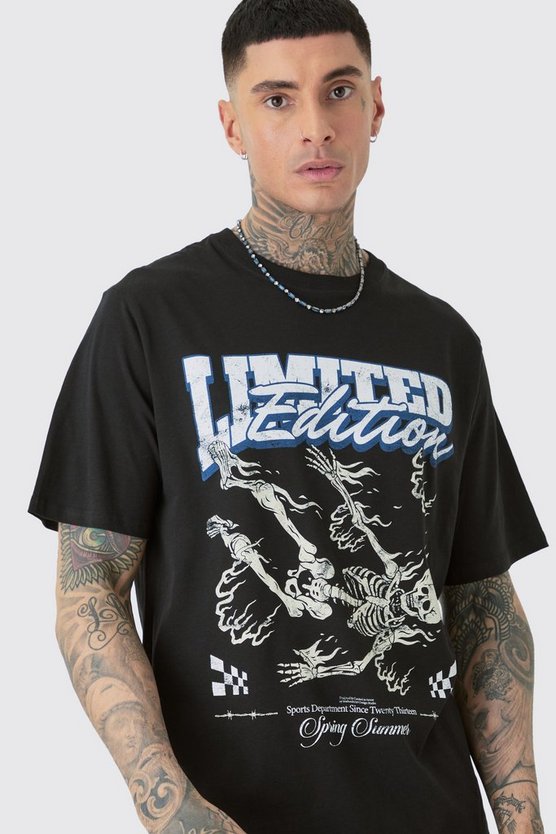 Tall schwarzes Limited Edition T-Shirt mit Skelett-Print