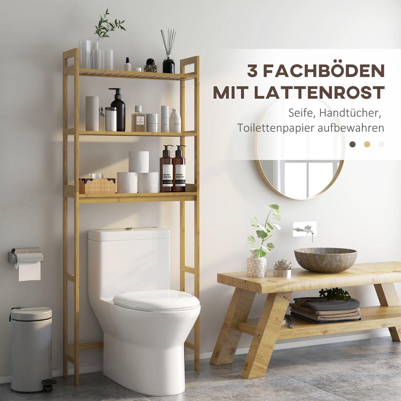kleankin Toilettenregal 3-stöckiges Badregal Standregal mit Kippschutz, Bambus