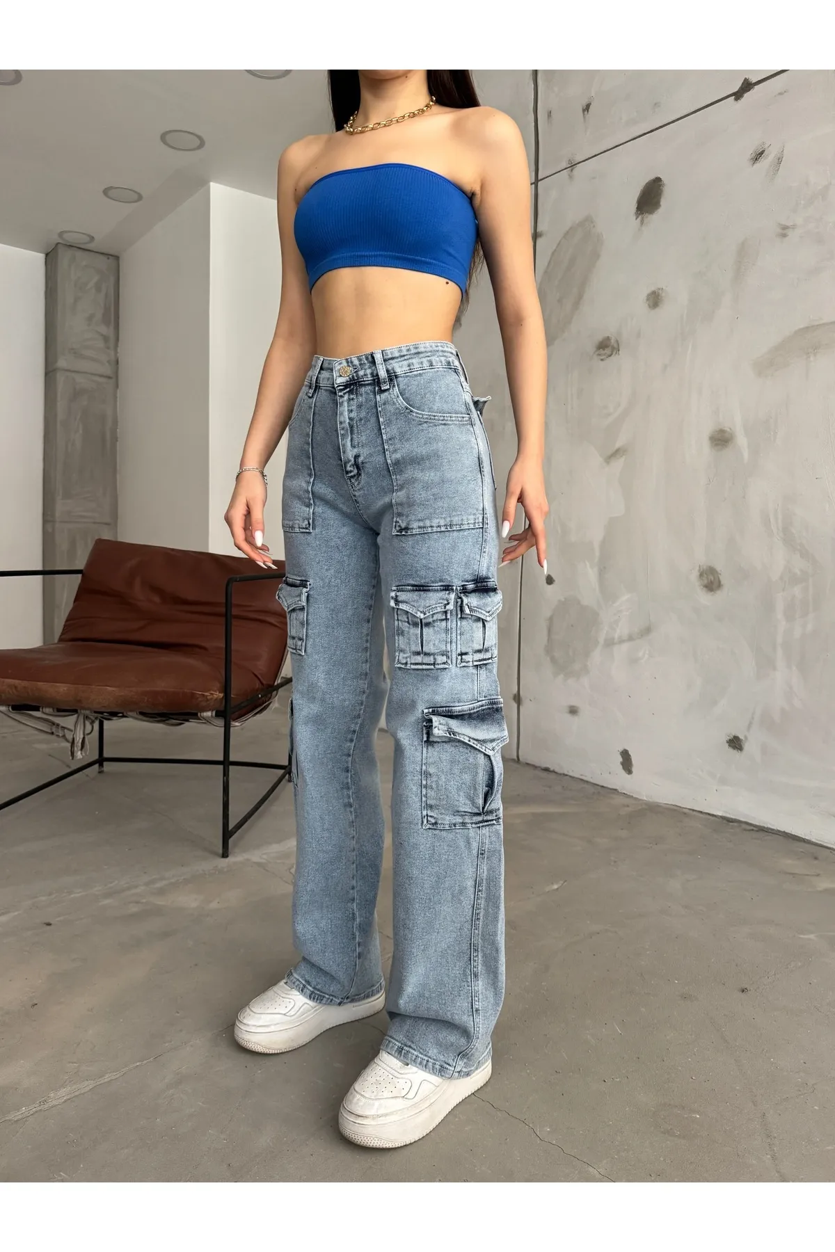 BİKELİFE  Blaue Cargohose für Damen mit hoher Taille und mehreren Taschen und gerader Passform
