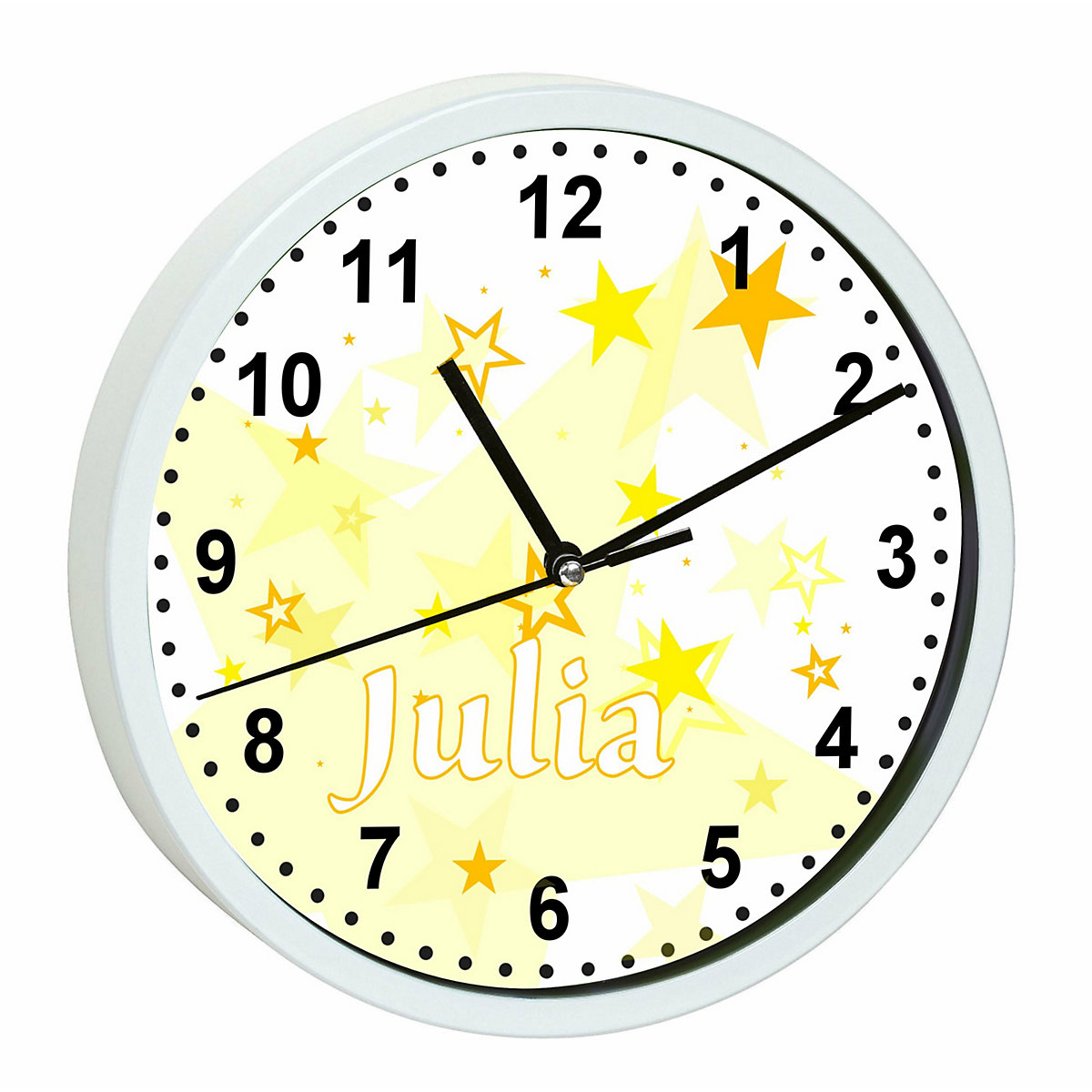 Kinder Wanduhr laufruhig personalisiert mit Name Sternenhimmel Gelb