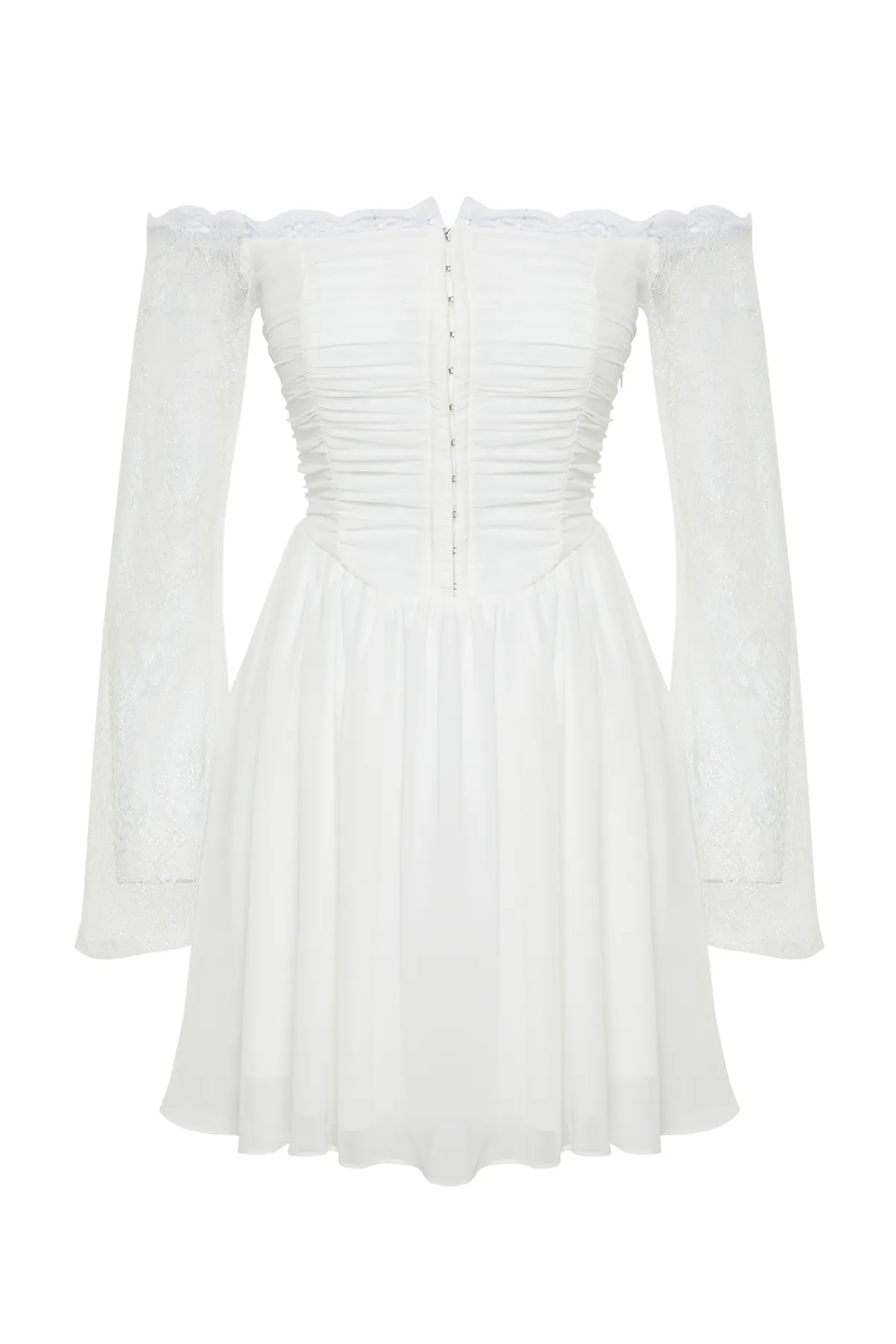 Trendyol Collection  Weiße Braut-Taillenöffnung/Skater-Futter, agraphiertes Chiffon-Hochzeitskleid/Elegantes Nikah-Abendkleid TPRSS24EL00073