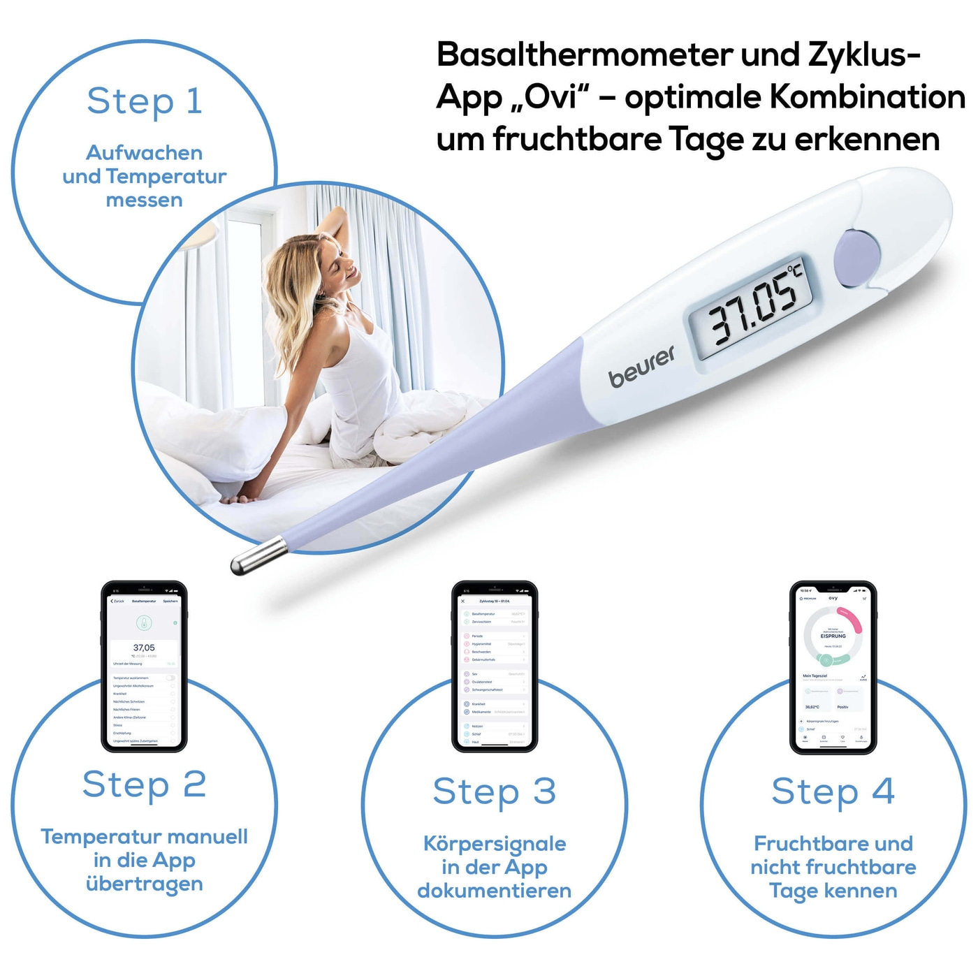 Beurer Basalthermometer OT 20-Basalthermometer für Schwangerschaft oder Zyklustracking - kompatibel mit „Ovy“ App